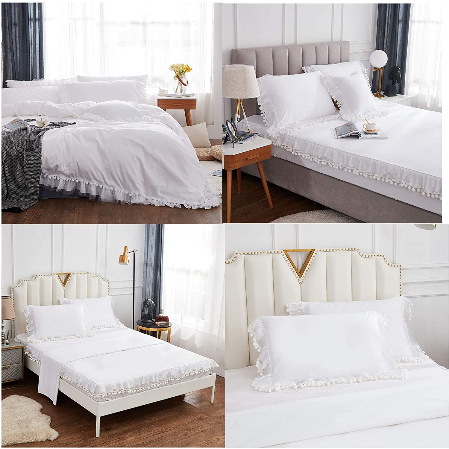 Price:$165.00 Bed in a Bag 7 Pcs Queen Size White Pom Pom Bedding 100% Cotton Sheets Ruffle Duvet Cover Set (1 Duvet Cover+1 Fitted Sheet+1 Flat Sheet+4 Pillowshams) - No Comforter Filling : Home & Kitchen