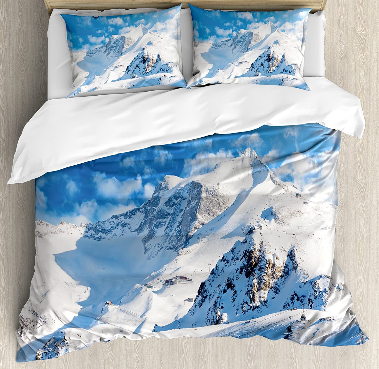 Price:$79.95 Mountain Duvet Cover Set, Mountain Landscape Ski Slope Winter Seasonal Sport Telfer and Snowboarding Image, Decorative 3 Piece Bedding Set with 2 Pillow Shams, Queen Size, White Blue : Home & Kitchen