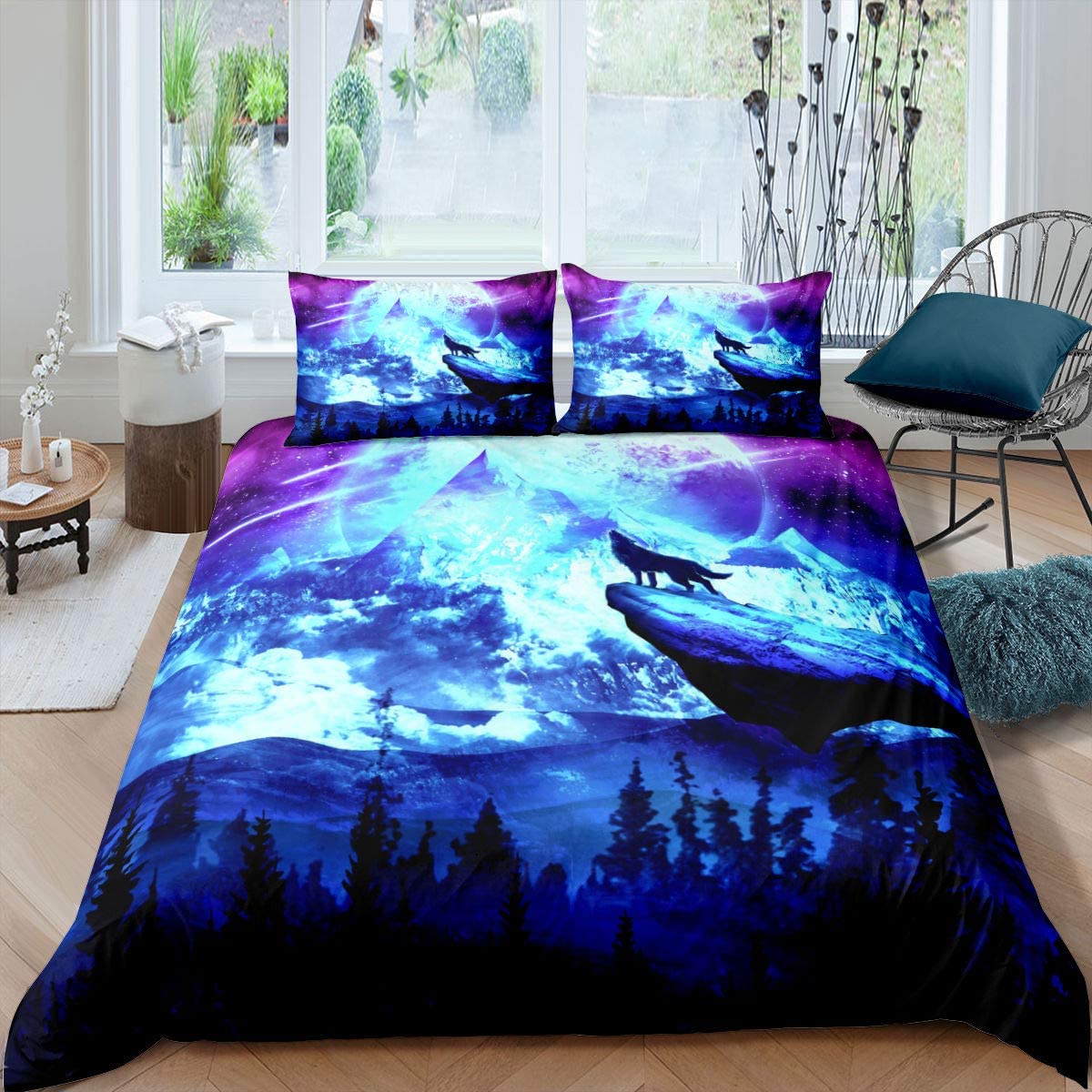 Price:$39.00 Psychedelic Evening Wolf Roaring Duvet Cover Twin with Zipper Purple Galaxy Light Mountain Bedding Comforter Cover Sets Night Forest Wolf Howling Bedspread Sets 2 Pieces, 1 Pillowshame : Home & Kitchen