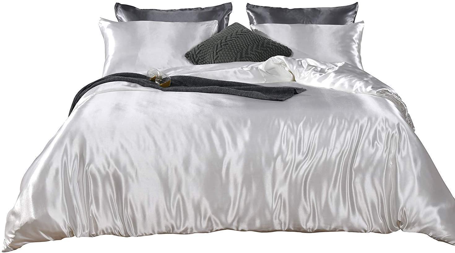 Price:$115.39 Soft Silk 9-Piece 16" Deep Pockets Bed Sheet Set with Duvet Cover Ultra Silky Polyester Satin (1 Duvet Cover, 1 Fitted Sheet, 1 Flat Sheet, 6 Pillow Cases) (White, Queen) : Home & Kitchen