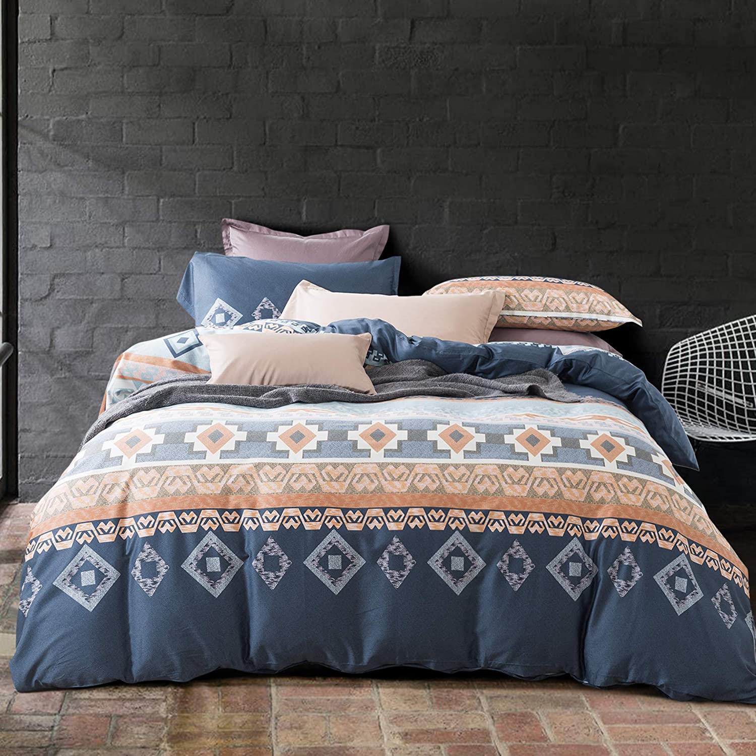 Price:$95.80 Duvet Cover Striped Ethnic Boho Reversible Southwestern 400TC Cotton Bedding 3pc Set Navy White Orange Modern Geo Aztec Print (Queen, Tangerine) : Home & Kitchen