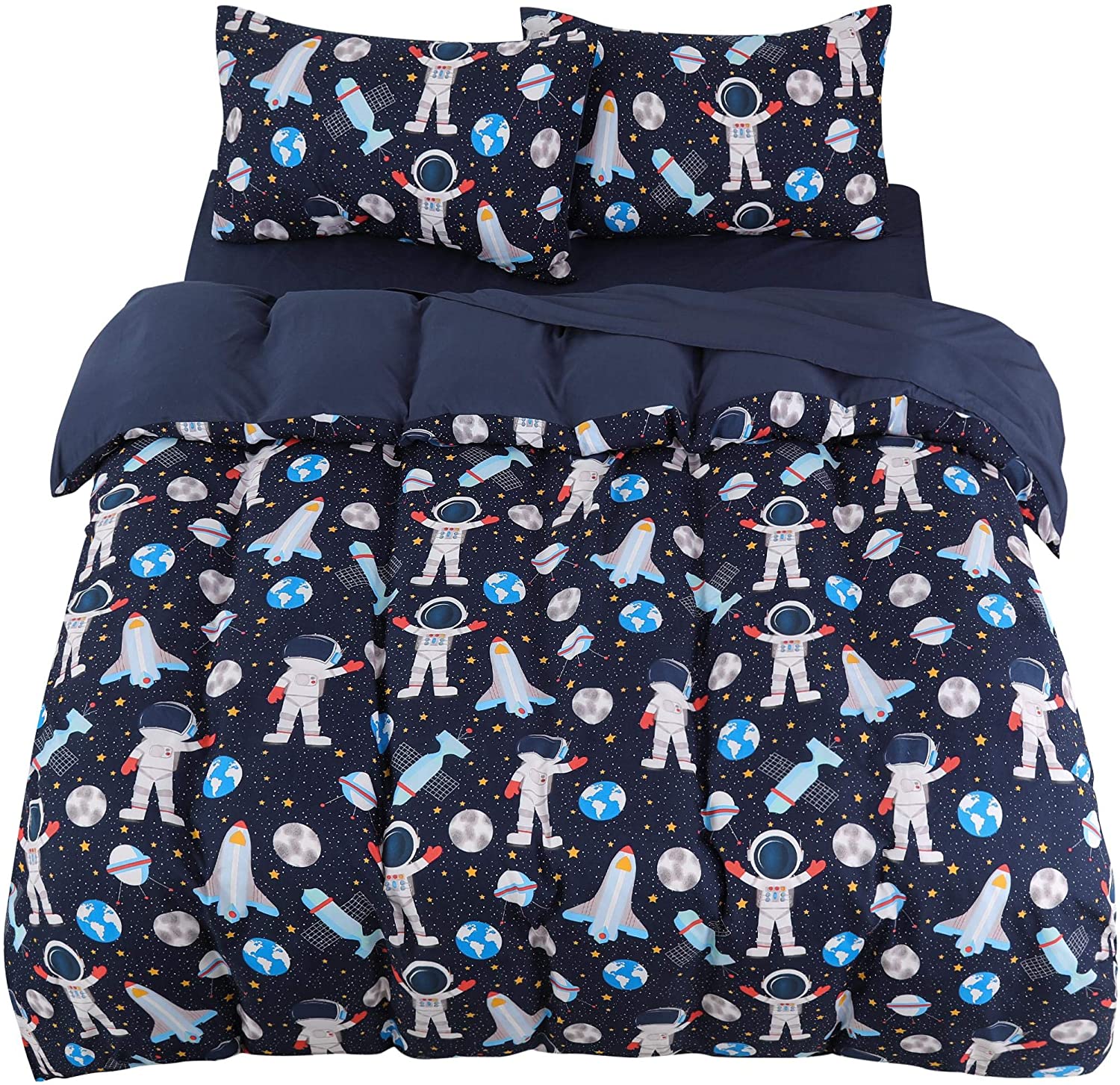 Price:$41.99 Kids Duvet Cover Set 5 Piece Bedding Set Soft Fade & Wrink Space Rocket Print with 2 Pillowcases Fitted Sheet Flat Sheet Queen : Home & Kitchen