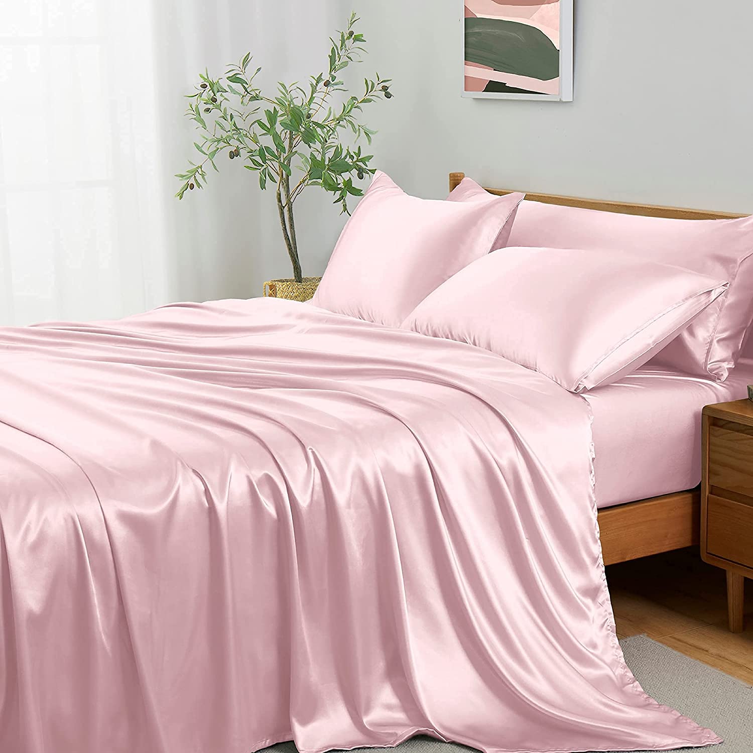 Price:$39.99 5Pcs Blush Pink King Sheets Set + Body Pillow Cover, Silky Satin Sheets Set, Luxury Bedding Sheets, Breathable & Ultra Soft Bed Sheets Set Includes 1 Fitted Sheet, 1 Flat Sheet, 3 Pillowcase : Home & Kitchen