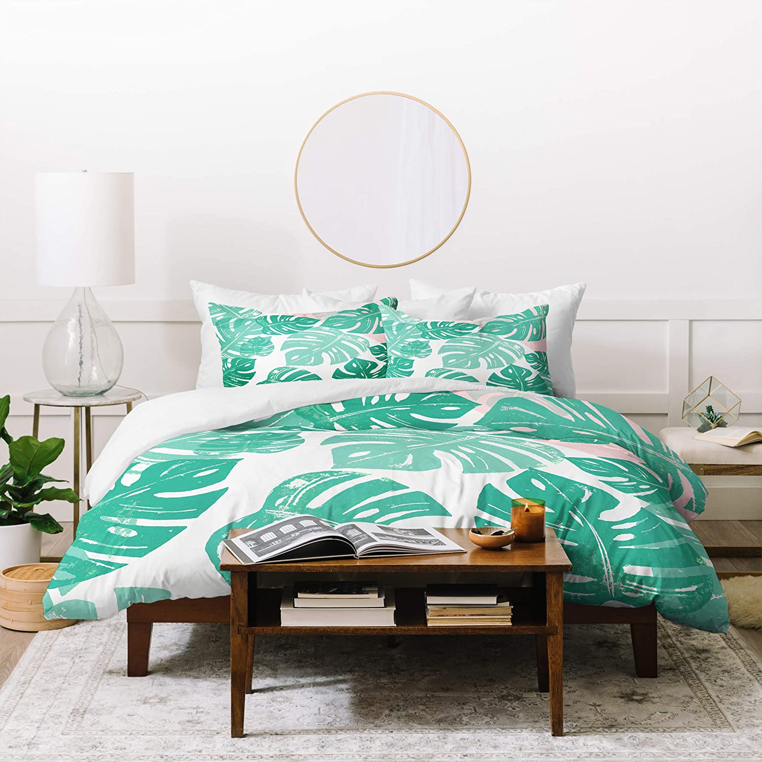 Price:$183.20 Designs Bianca Green Linocut Monstera Rosy Duvet Set with Two Pillow Shams, King : Home & Kitchen