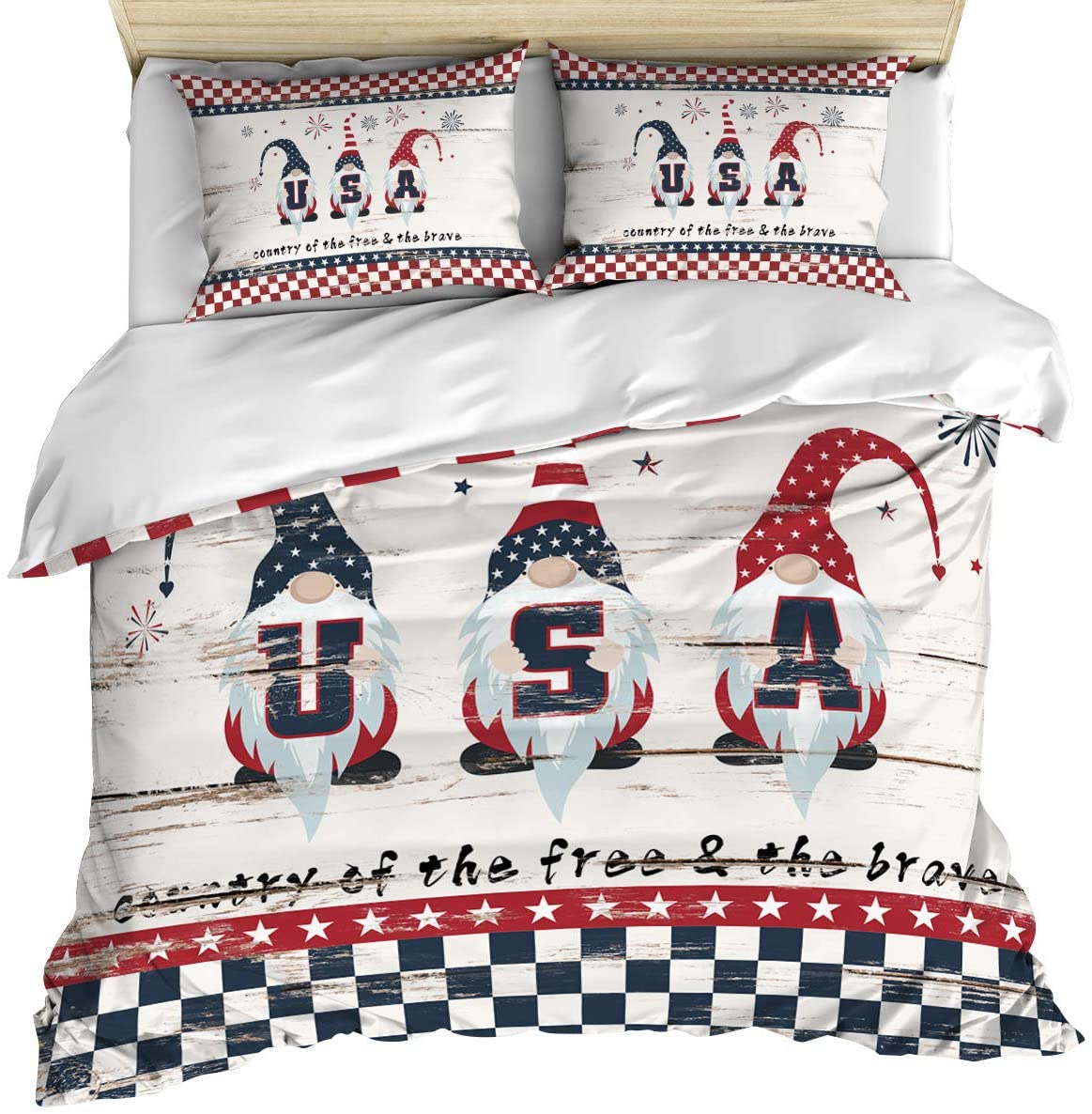 Price:$89.99 July 4th Gnome Bedding Duvet Covers Set 3 Pieces King, Rustic Wood Ultra Soft Breathable Bedding Set With Corner Ties and Zipper Closure(1 Bed Covers + 2 Pillow Shams), Washed Cotton : Home & Kitchen