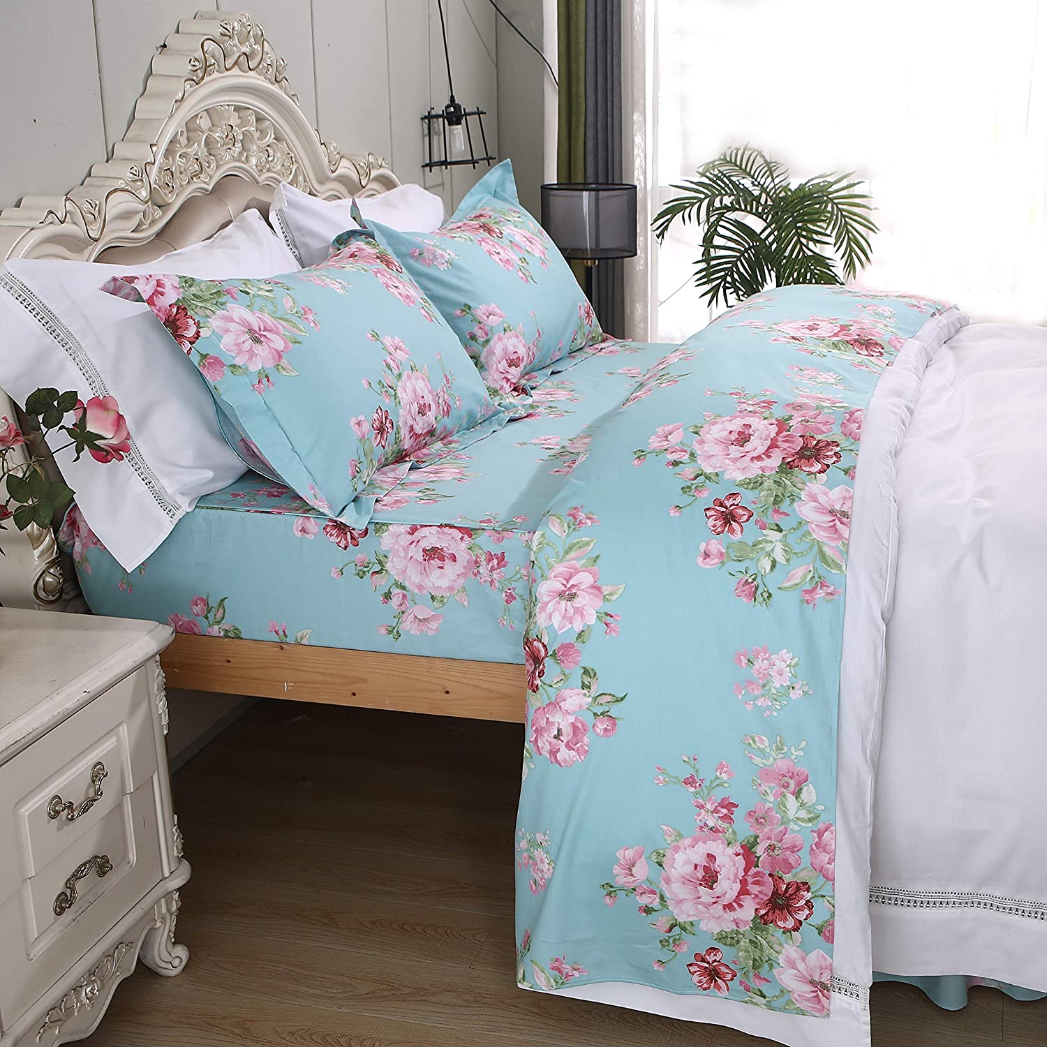 Price:$79.00 Shabby Pink Floral Bed Sheet Set 100% Cotton Deep Pocket 4-Piece Twin Size : Home & Kitchen