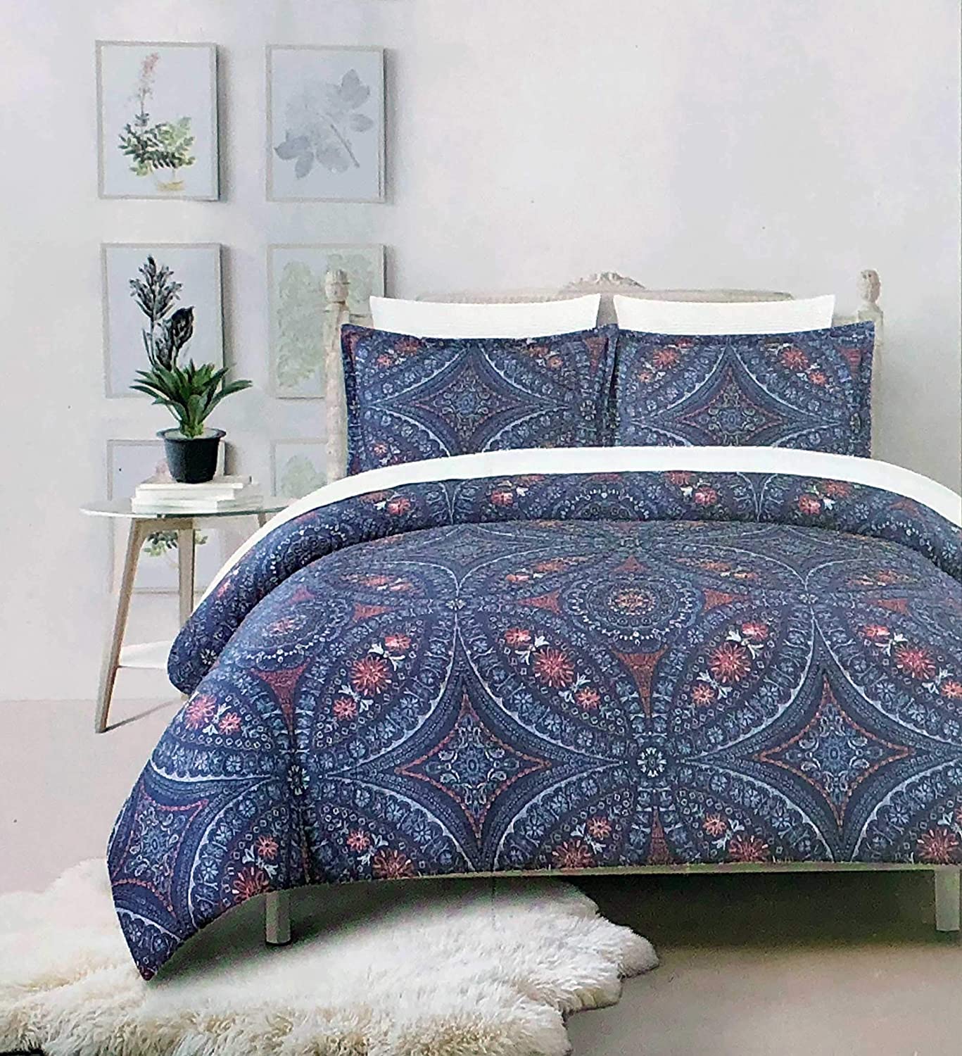 Price:$45.99 & Canopy 3Pc Duvet Cover Set Intricate Round Medallions Navy Blue Coral Pink 100% Cotton Luxury Comforter Cover Shams Set - Tully (Full/Queen) : Home & Kitchen