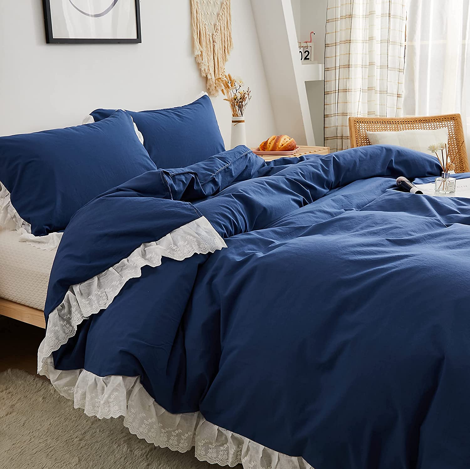 Price:$85.00 3Pcs Duvet Cover Set King Size Bedding Lace Ruffle 100% Cotton Zipper Closure Boho Shabby Vintage Style : Home & Kitchen