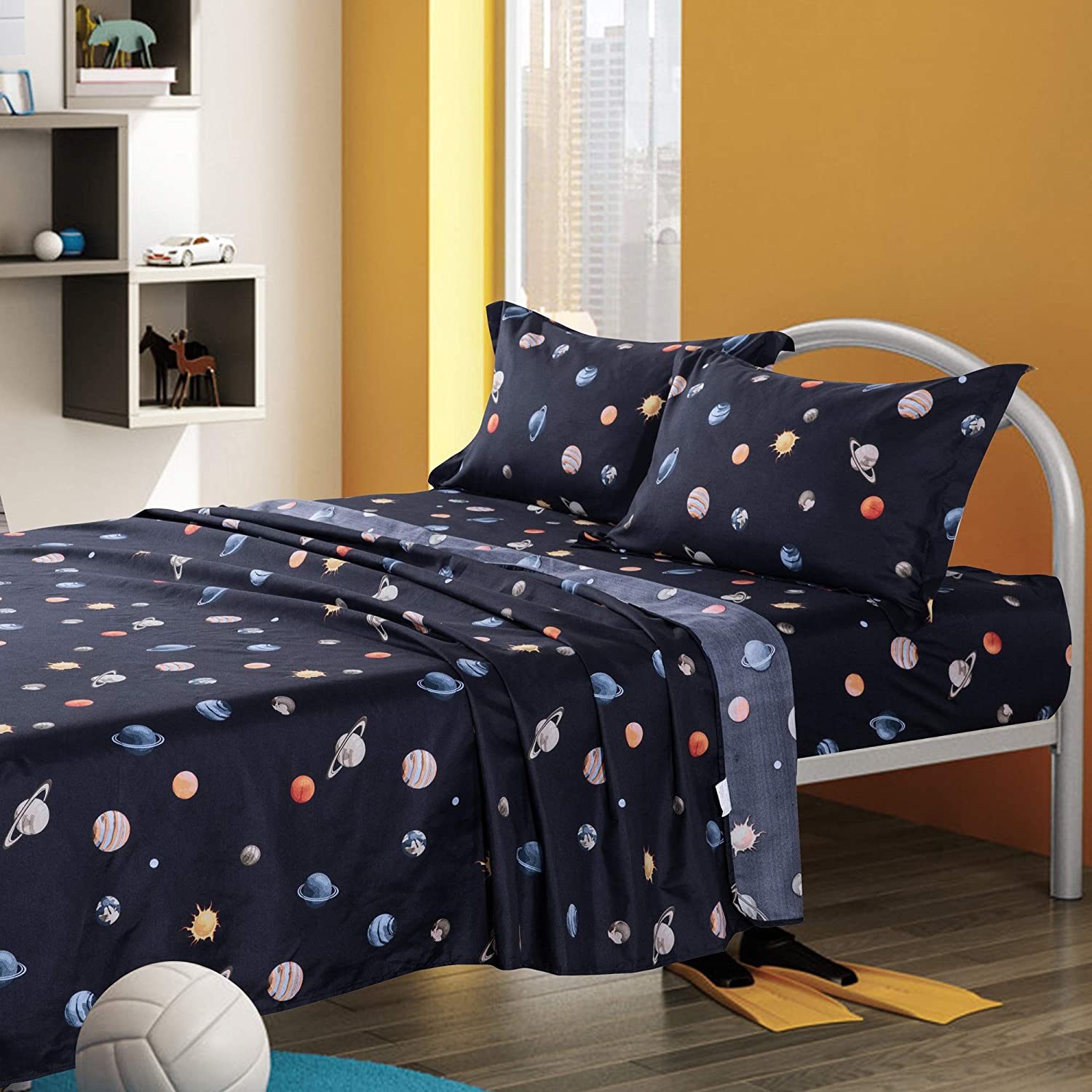 Price:$39.99 Planet Earth Queen Sheet Set –Navy Blue, Solar System Print 4 PCS Bed Sheets with 1 Queen Fitted Sheet, 1 Flat Sheet, 2 Pillow Covers – Microfiber Bedroom Set for Room Decor Birthday Gifts : Home & Kitchen