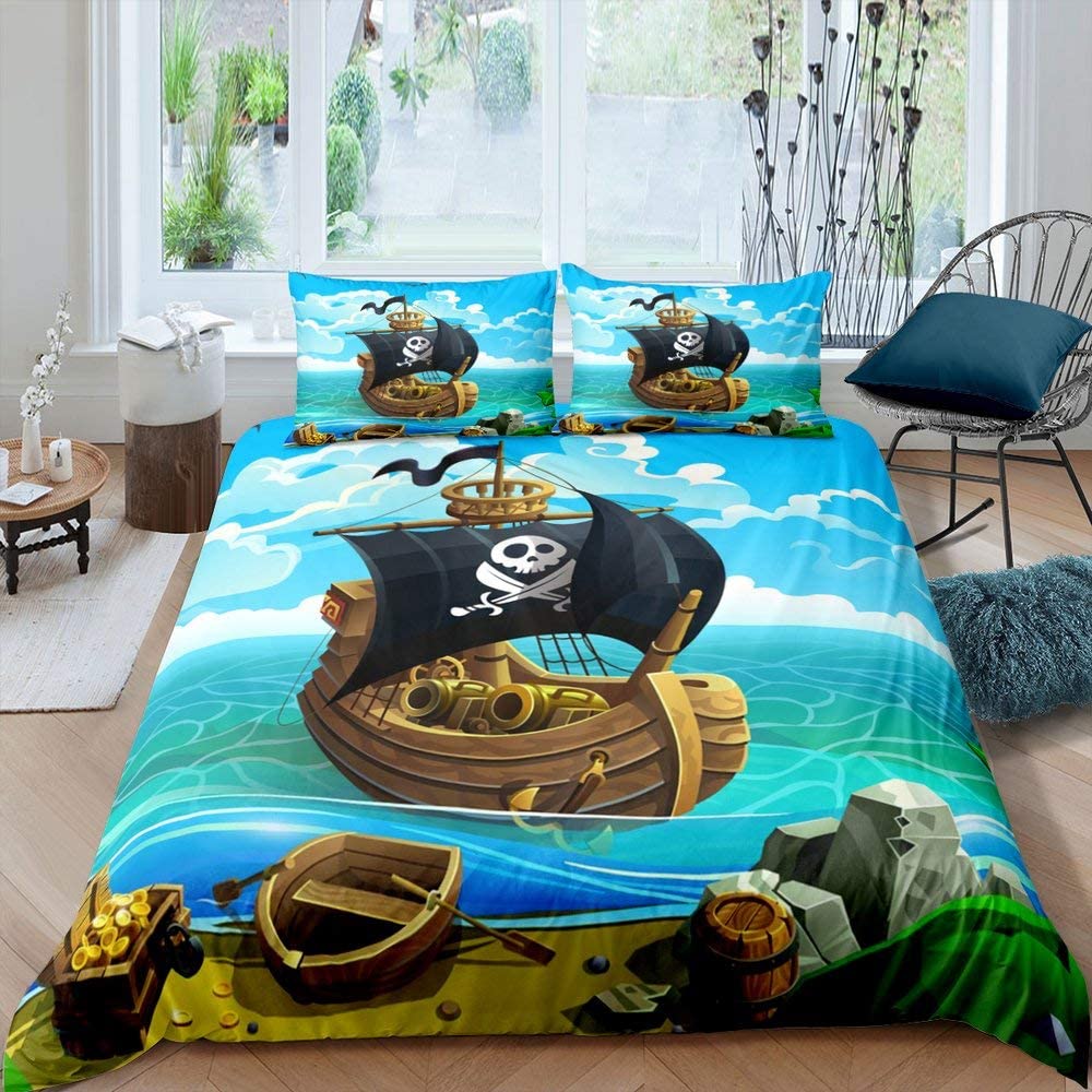 Price:$31.99 Cartoon Pirate Ship Duvet Cover Set Twin Nautical Treasure Bedding Set Ultra Soft Microfiber Double Hunting Skull FlagReversible Bedding Exotic Style Decor Comforter Cover 2pcs Bedding Set : Everything Else