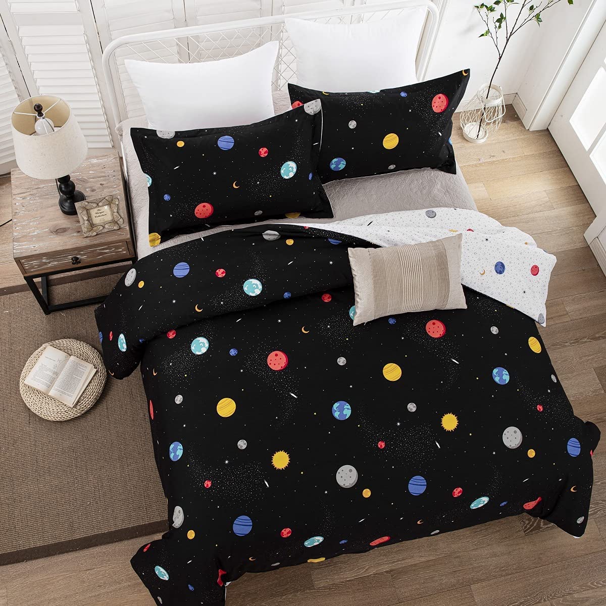 Price:$29.99 Galaxy Duvet Cover Set 3PC Queen Size Reversible Planet Bedding Out Space Comforter Cover for Kids Boys Girls : Home & Kitchen