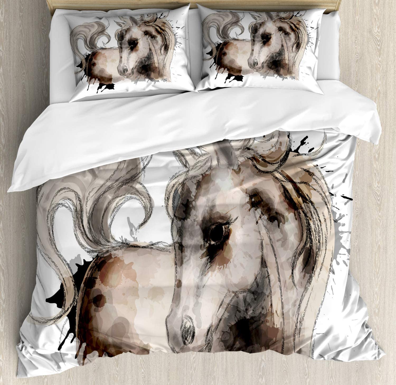 Price:$19.98 Horse Duvet Cover Set, Watercolor Painting Style Animal Farm Animal Grungy Art Picture, Decorative 3 Piece Bedding Set with 2 Pillow Shams, Queen Size, Beige Black : Home & Kitchen
