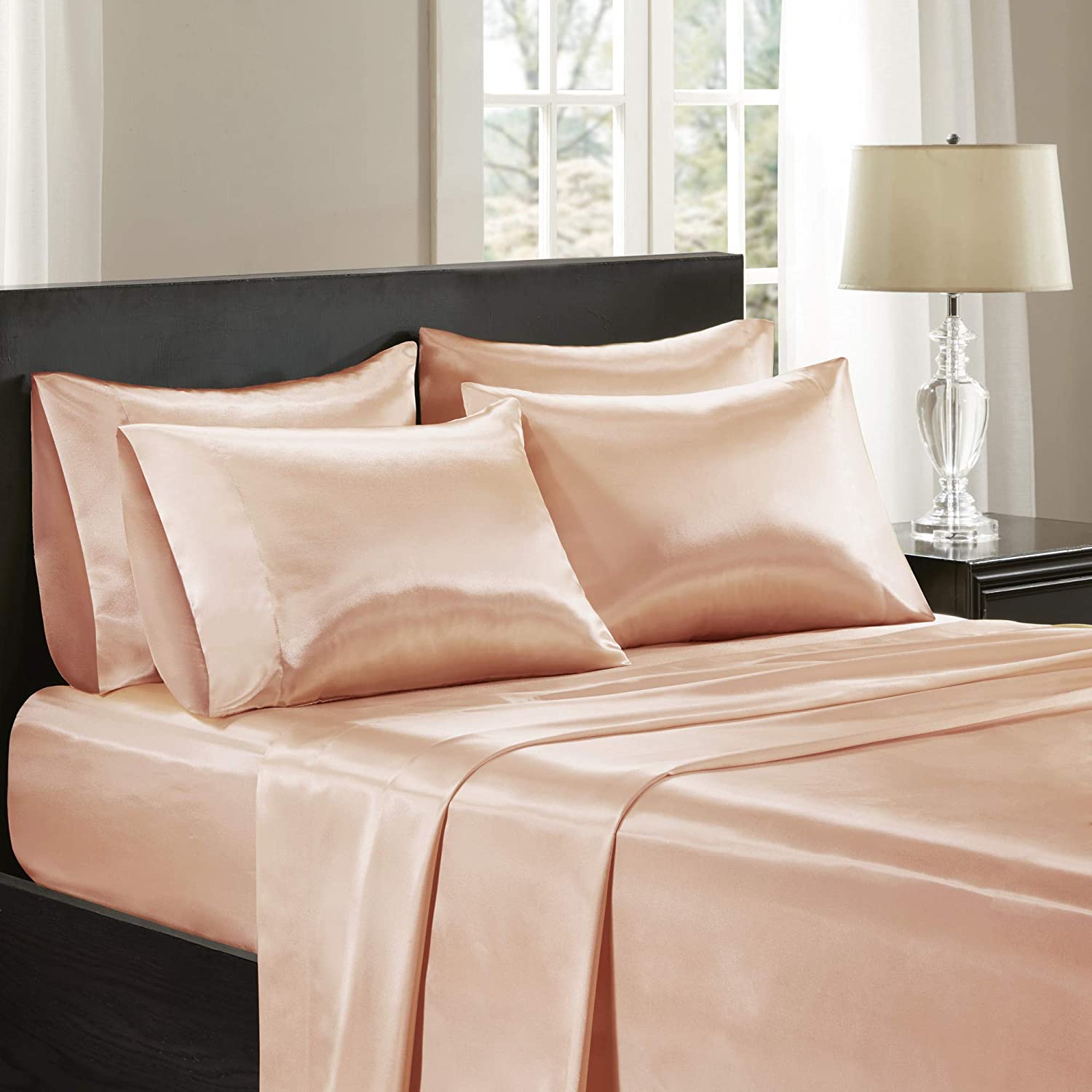 Price:$25.38 Park Essentials Satin Wrinkle-Free Luxurious and Silky with 16" Deep Pocket 6 Piece Durable Sheet Set, Full, Blush : Home & Kitchen