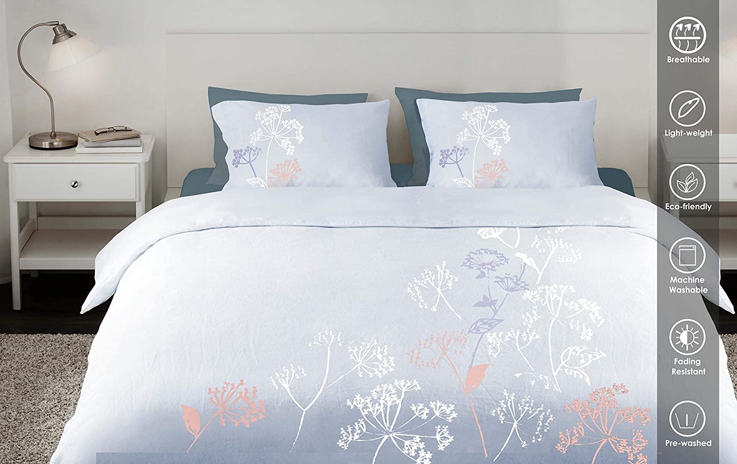 Price:$70.00 Home USA Home 100% Natural Cotton 3 pc Embroidered Duvet Cover Set, Modern Style Bedding Soft Feel Hidden Buttons - Queen, Autumn Sky : Home & Kitchen
