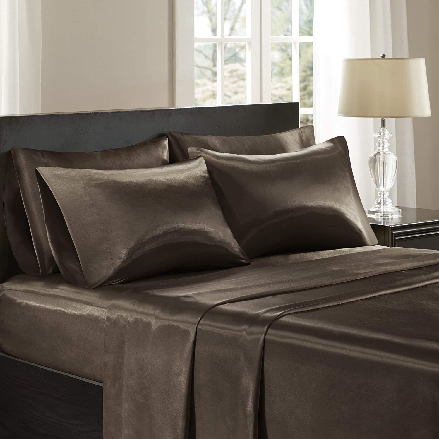 Price:$23.93 Park - SHET20-181 Satin Wrinkle-Free Luxurious and Silky with 16" Deep Pocket 6 Piece Durable Sheet Set, Full, Chocolate : Home & Kitchen