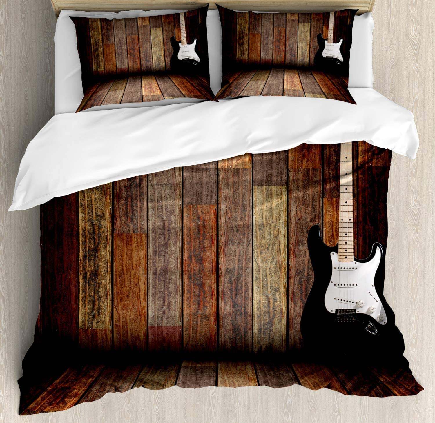 Price:$49.96 Popstar Party Duvet Cover Set, Electric Guitar in The Wooden Room Country House Interior Music Theme, Decorative 3 Piece Bedding Set with 2 Pillow Shams, King Size, White Yellow : Home & Kitchen