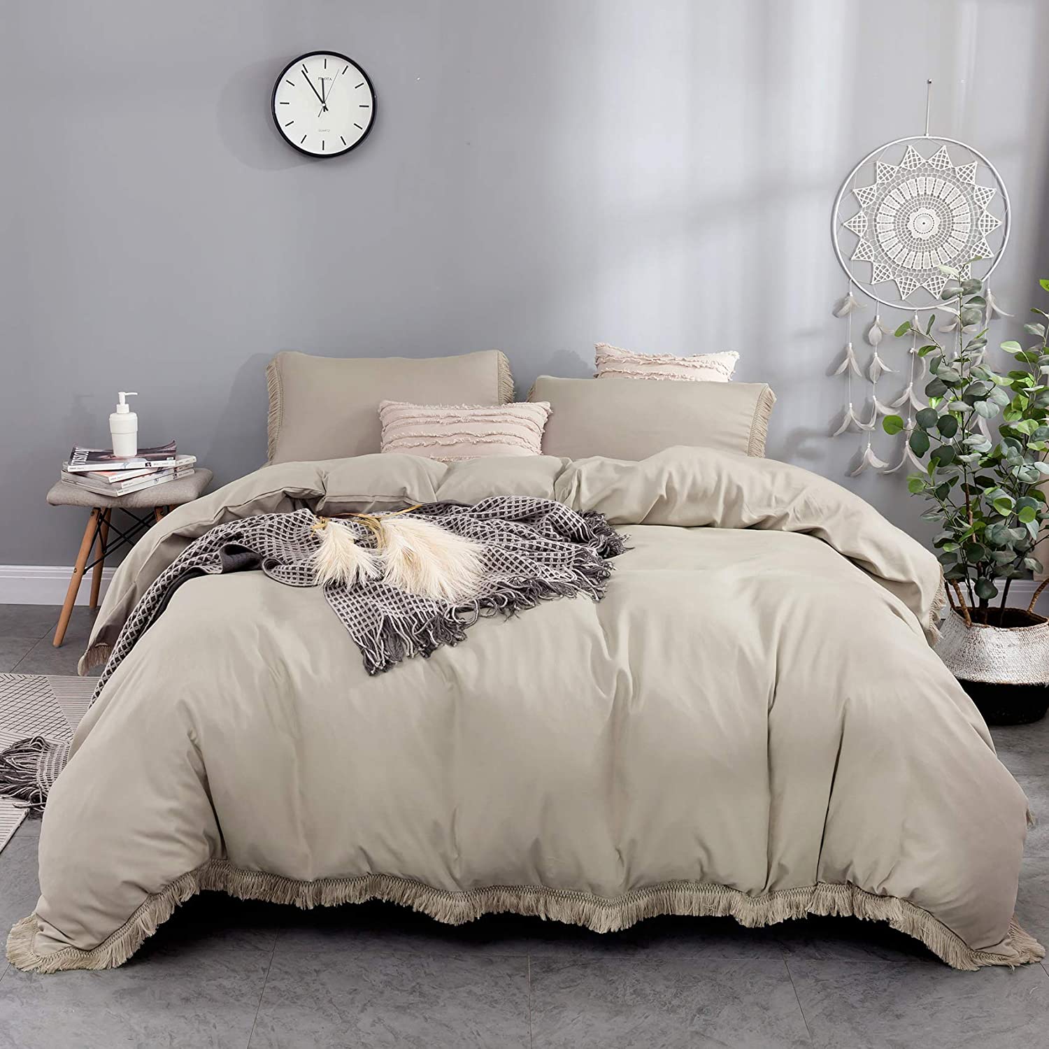 Price:$39.99 Pieces Tassel Duvet Covers Washed Microfiber Bedding Set with Zipper Closure & Corner Ties (Queen, Khaki) : Home & Kitchen