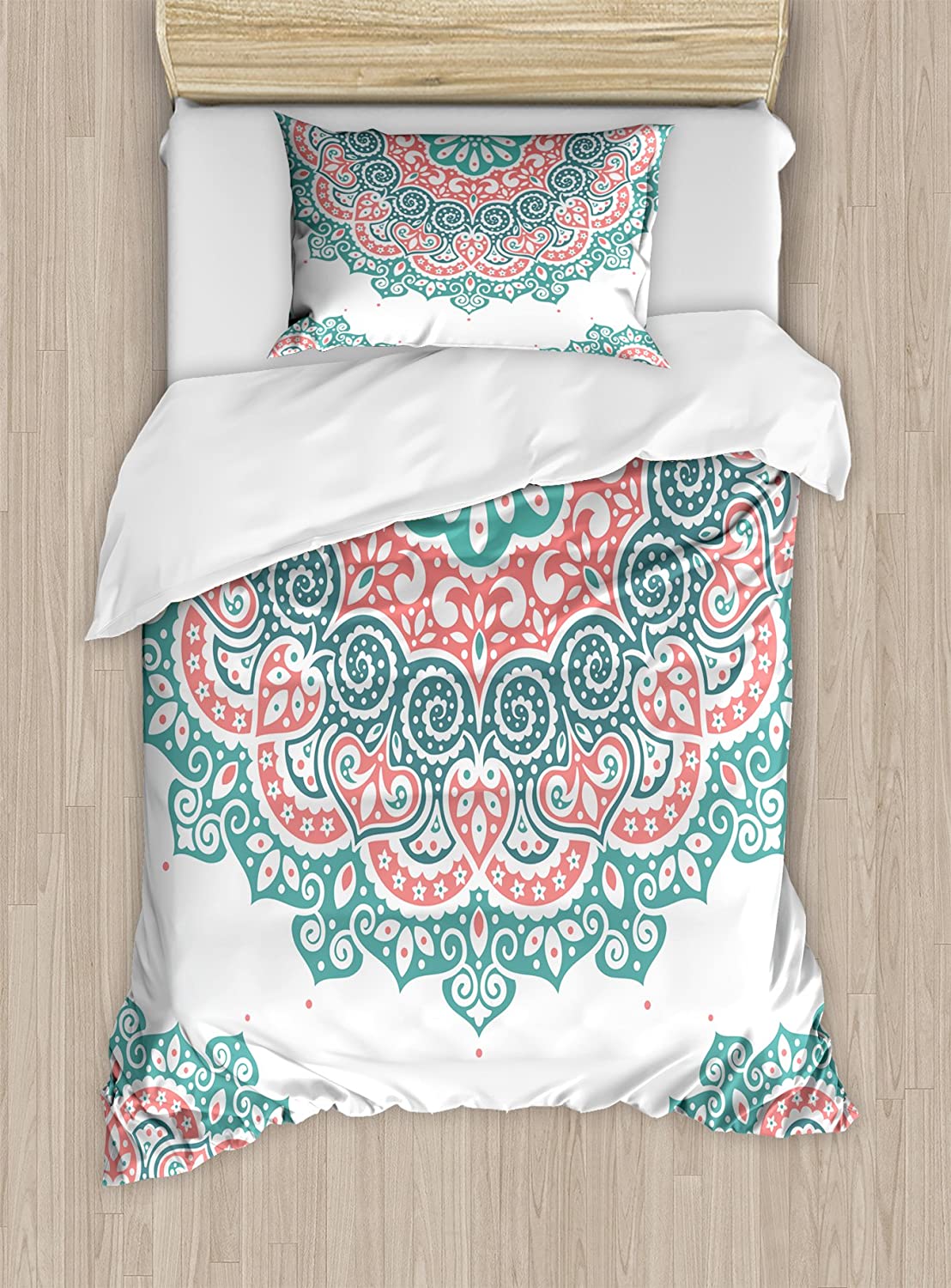 Price:$59.95 Oriental Duvet Cover Set Twin Size, Soft Colored Mandala South Culture Inspired Floral Image, Decorative 2 Piece Bedding Set with 1 Pillow Sham, Turquoise Coral : Home & Kitchen