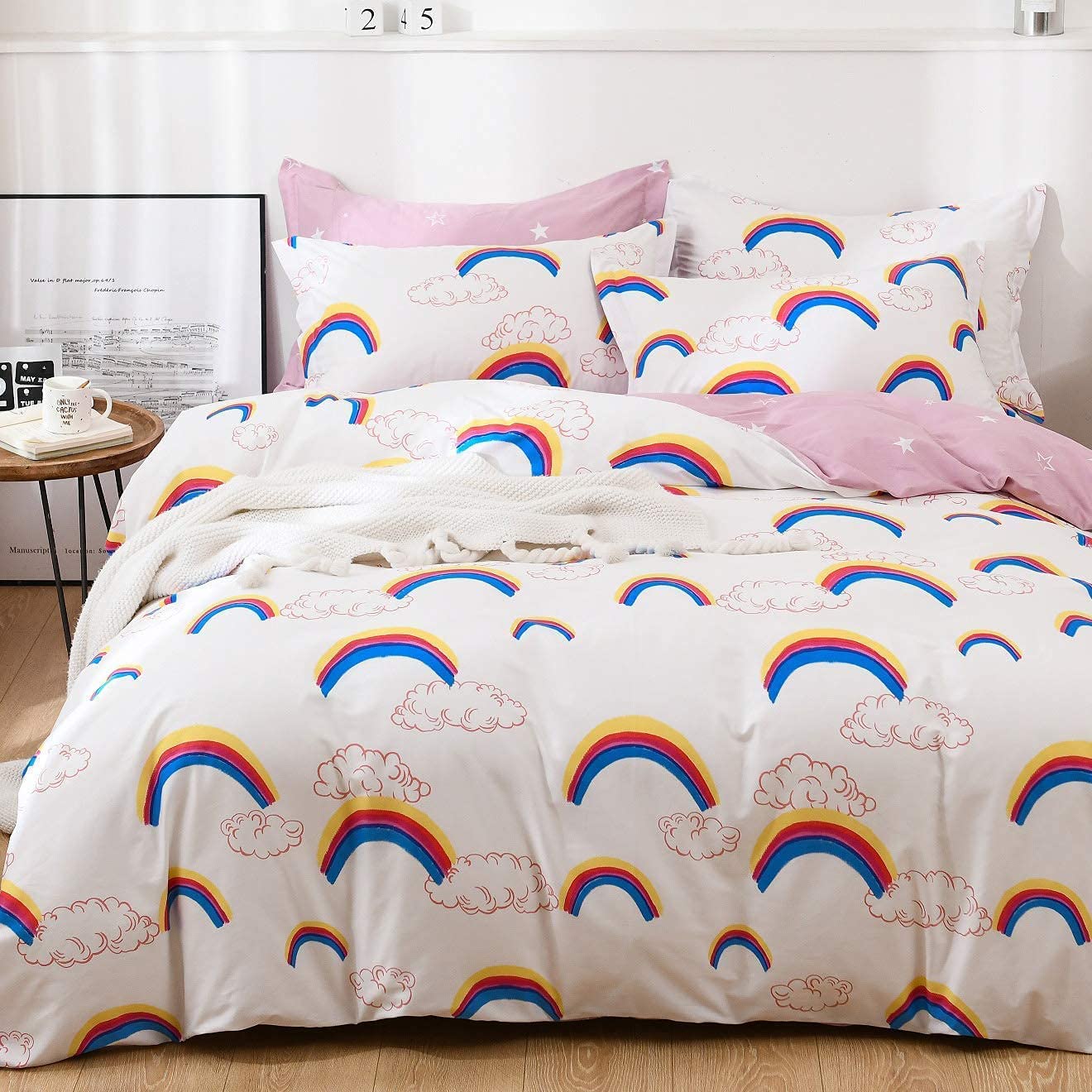 Price:$50.00 Pink Rainbow Cloud Bedding Set 100% Cotton Kids Bedding Sets Queen Size Duvet Cover Set 3-Piece Reversible Soft Bright (No Comforter Included) : Home & Kitchen