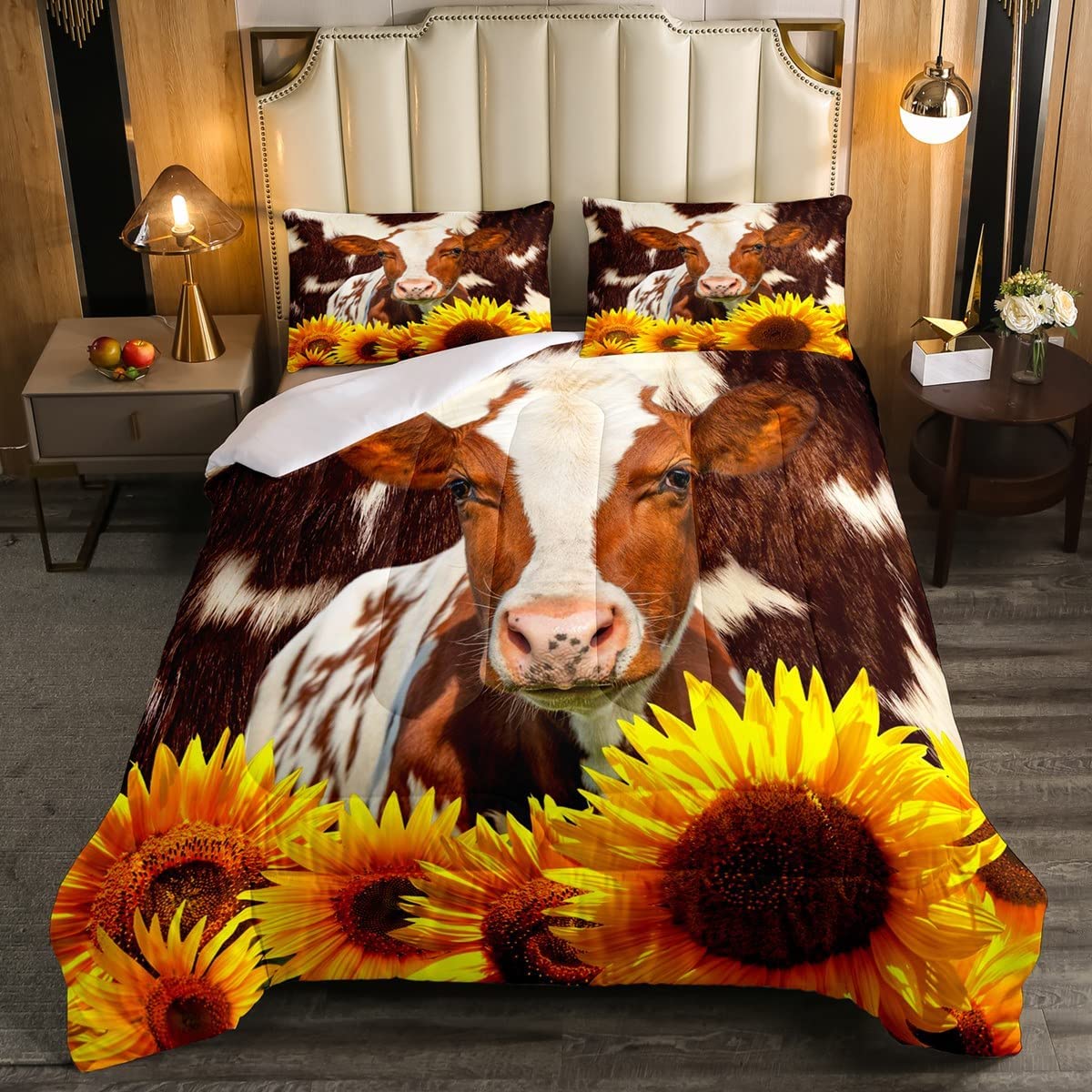 Price:$56.99 Cow Print Comforter for Girls Sunflower Cowhide Fur Comforter Set Women Men Natural Cow Skin Bedding Set Bedroom Rustic Farm Animal Floral Decor Duvet Set 3Pcs with 2 Pillow Case Queen Size : Home & Kitchen