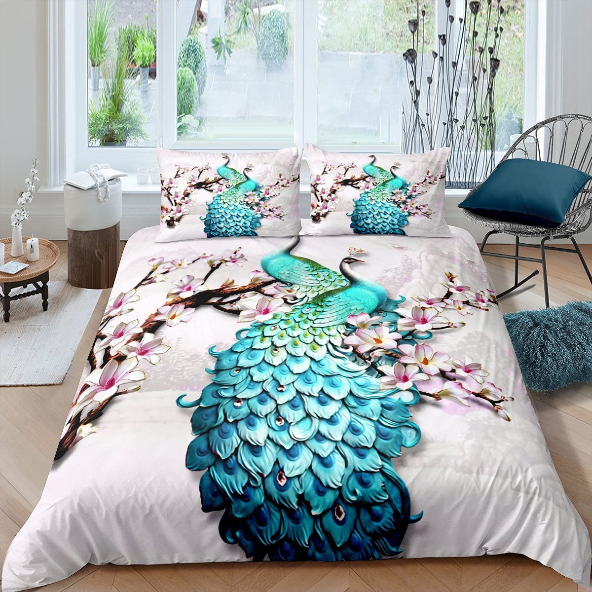 Price:$35.99 Bedding Duvet Cover Sets,Elegant Gorgeous Blue Feather Comforter Cover for Girls Women Pink Flower Soft Quilt Cover 3Pcs,Birds Animal Theme Decor Bedspread with 2 Pillowcases,Full Size : Home & Kitchen