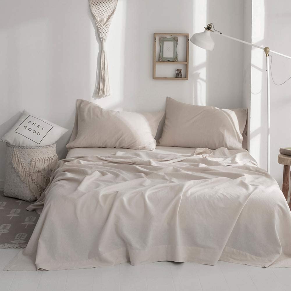 Price:$94.99 Belgian Linen Sheet Set Solid Color - 4 Pieces (1 Flat Sheet & 1 Fitted Sheet & 2 Pillowcases) Natural Flax Cotton Blend Soft Bedding Breathable Farmhouse - Linen, King Size : Everything Else