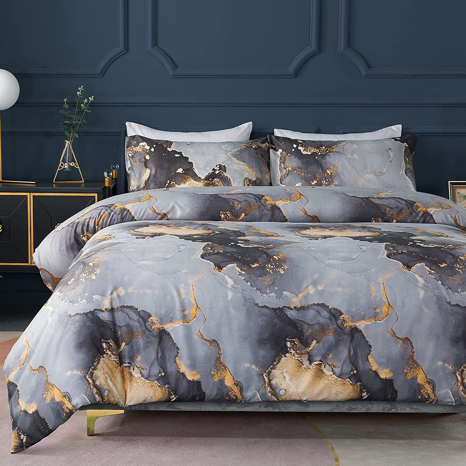 Price:$19.90 Marble Bedding Twin Size 2 Piece Gold Black Grey Duvet Cover Set Zipper Corner Ties : Home & Kitchen