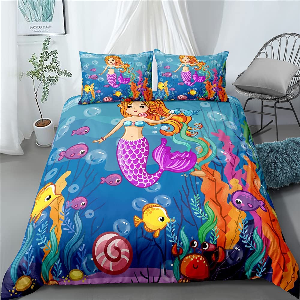 Price:$42.99 Underwater Mermaid Duvet Cover Set Full 3 Piece, Mermaid Crab Fish Seaweed Sea Plants Around, Decorative Bedding Set with 2 Pillowcases for Girls Teens, Blue Purple1-01T : Everything Else