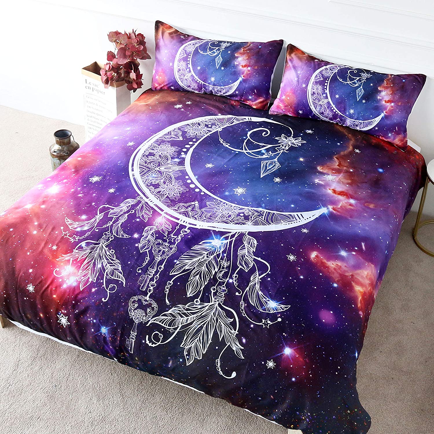 Price:$47.90 Star Galaxy Bedding Crescent Moon Duvet Cover Purple Pink Bedding 3 Pieces Feather Design Quilt Cover Space Comforter Cover Set (King) : Home & Kitchen