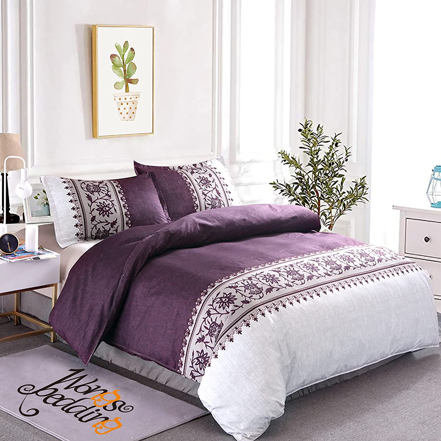 Price:$26.89 Duvet Cover Queen 3 Pieces Reversible Purple/ Beige Printed Bedding Comforter Cover with Zipper Closure & 2 Pillow Cases, Lightweight Microfiber Bedding Set 90"x 90" (Not a Comforter) : Home & Kitchen