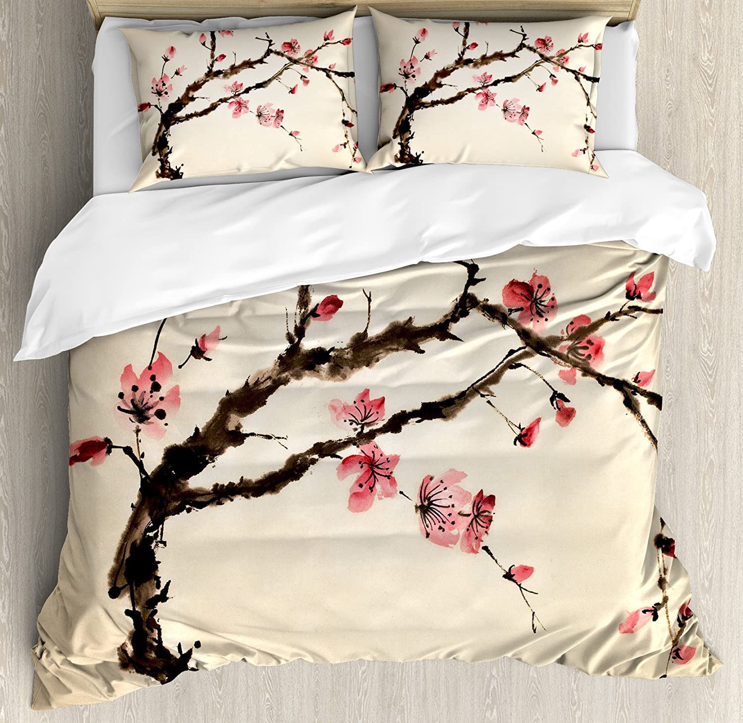 Price:$89.95 Japanese Duvet Cover Set, Traditional Chinese Paint of Figural Tree with Details Brushstroke Effects Print, Decorative 3 Piece Bedding Set with 2 Pillow Shams, King Size, Brown Pink : Home & Kitchen