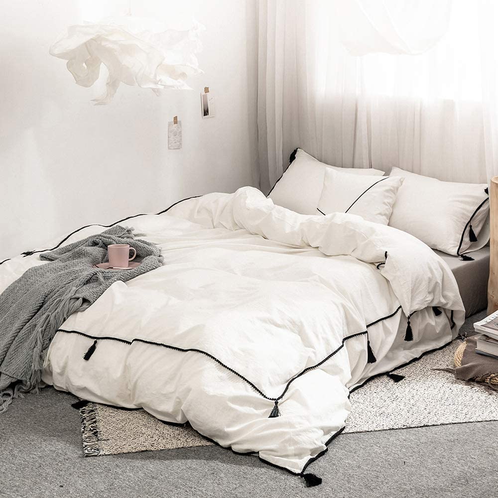 Price:$69.99 Solid Color Duvet Cover Sets Washed Cotton King Bedding Sets 3 Pieces Washed Cotton White 3 Pieces Comforter Cover Duvet Cover Sets with Modern Black Tassel Luxury 1 Duvet Cover 2 Pillowcases : Home & Kitchen