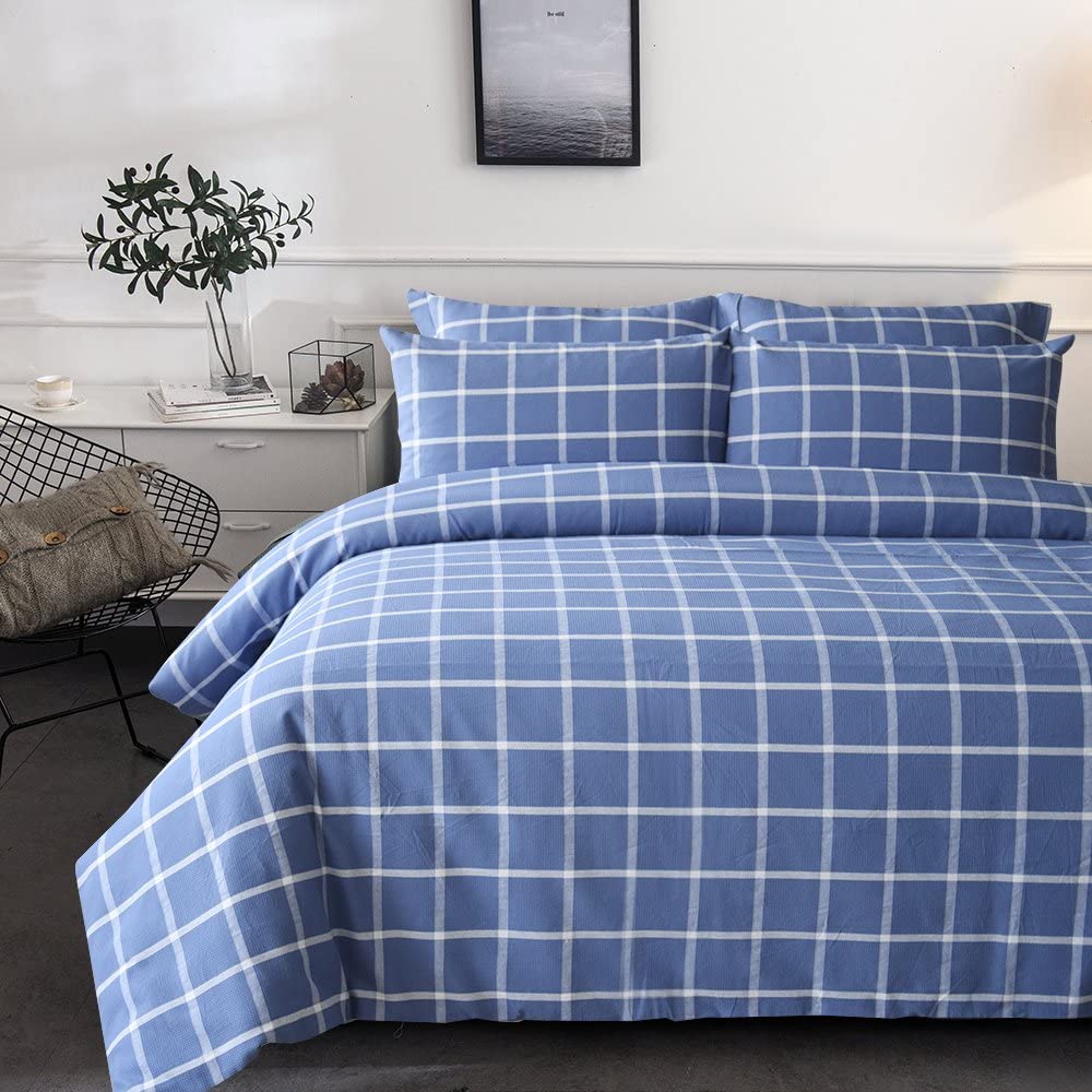 Price:$55.99 Cotton Duvet Cover Set King Size,100% Cotton Yarn Dyed Waffle Woven Check Duvet Cover Set,3 Pieces Beddding Set- Blue : Home & Kitchen