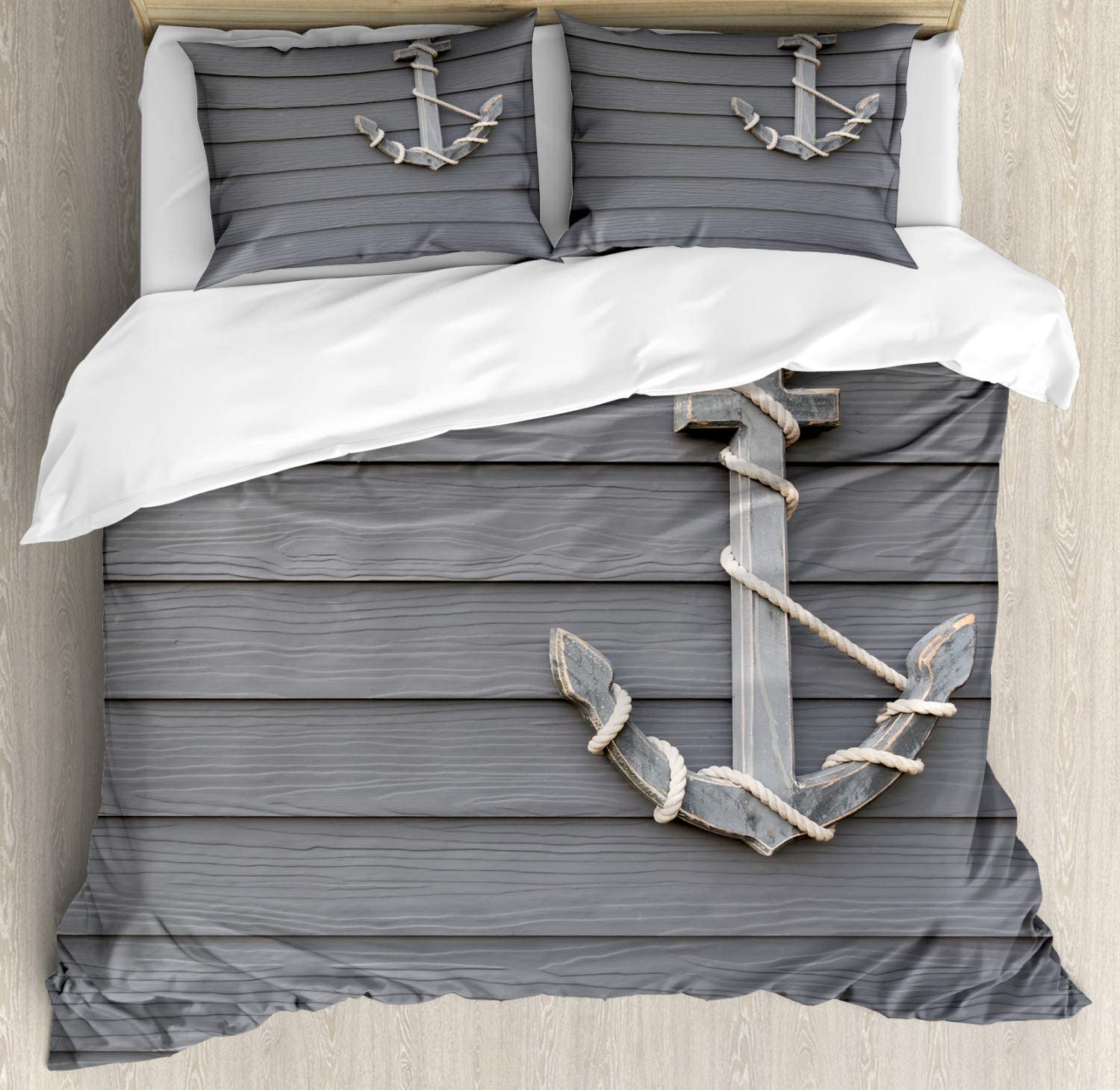 Price:$89.95 Anchor Duvet Cover Set, Wooden Marine Shapes on The Wall Antique Navy Nature Adventure Themed Art Work Print, Decorative 3 Piece Bedding Set with 2 Pillow Shams, King Size, Grey : Home & Kitchen