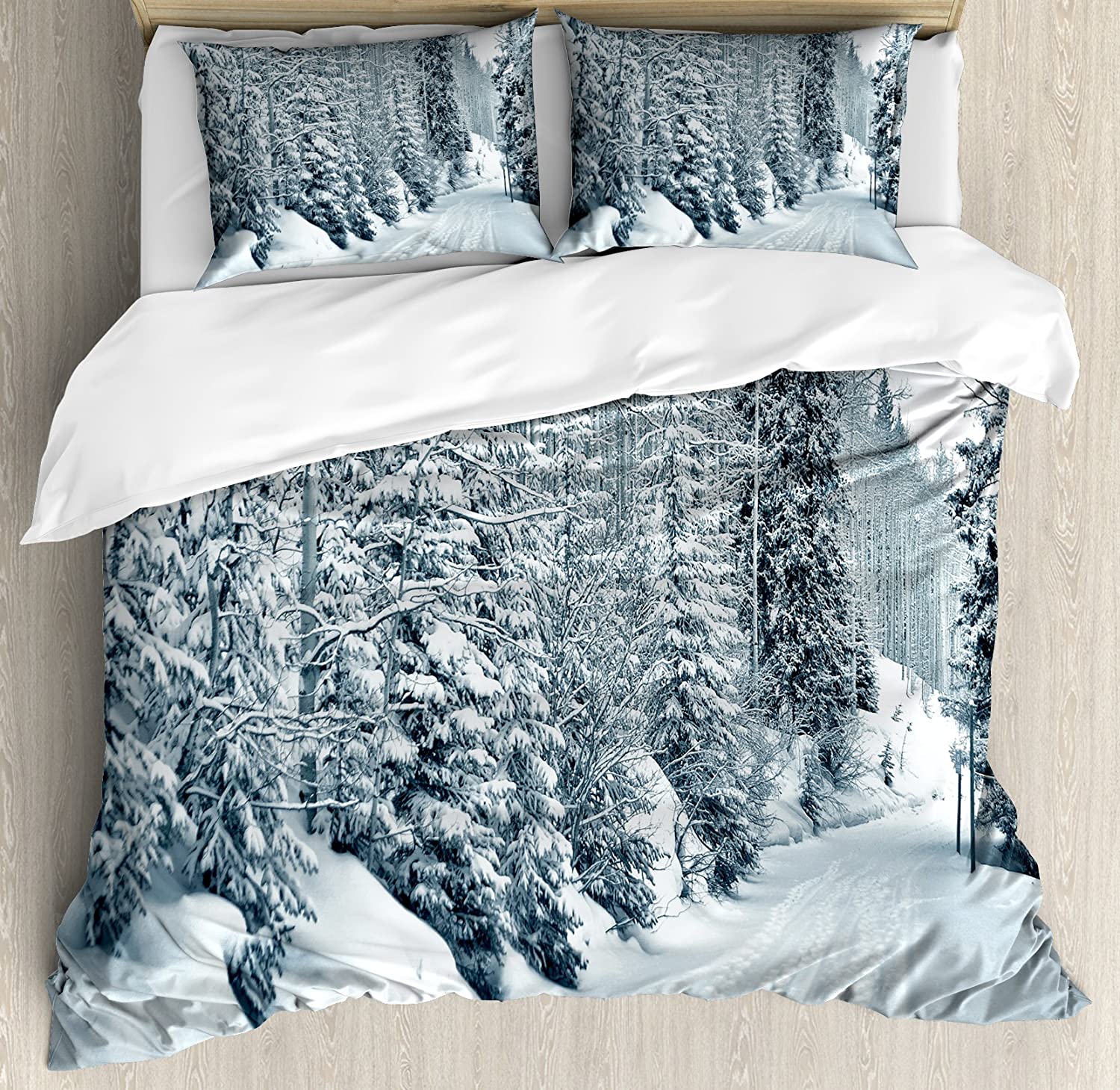 Price:$39.97 Winter Duvet Cover Set, Ski Themed Snowy Road Cold Parts of The World Footprints Colorado United States, Decorative 3 Piece Bedding Set with 2 Pillow Shams, Queen Size, Black and White : Home & Kitchen