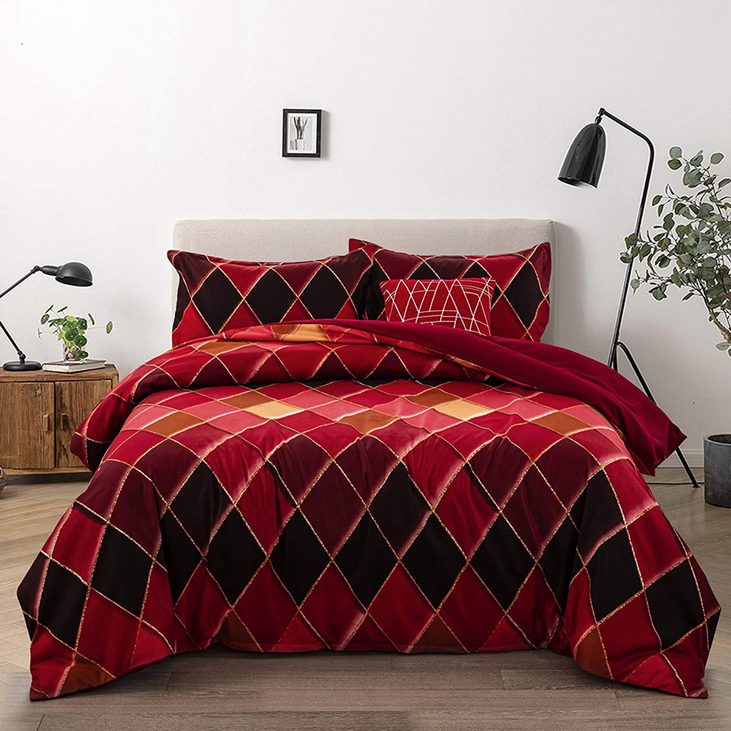 Price:$29.99 Phnom Penh Geometry Polyester Duvet Cover Sets Black Red Gold Diamond Plaid Bedding Quilt Cover with Pillowcases for Kids Teen Adult Bedspread Cover (Black Red, Twin) : Home & Kitchen