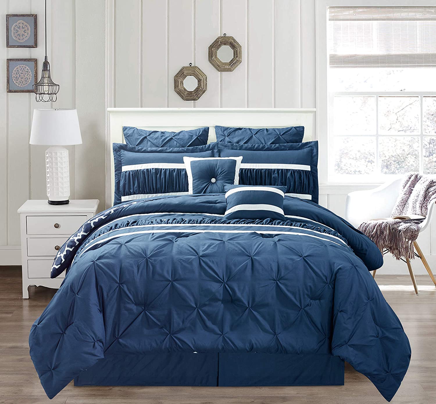 Price:$64.99 River Textile Marlin Hotel Quality Luxury Comforter Duvet Insert Cover Hypoallergenic | 10 Piece Set | Pintuck Collection, | King Size |, Navy Blue : Home & Kitchen