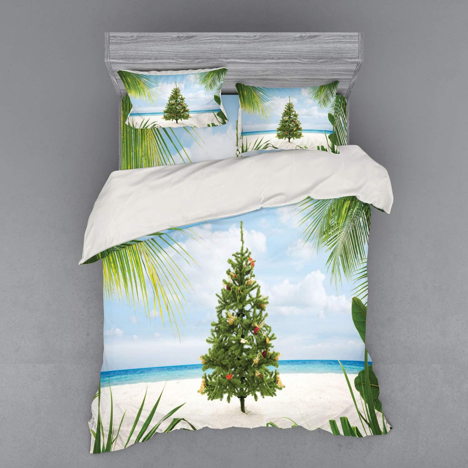 Price:$53.98 Christmas Duvet Cover Set, Tree with Tinsel and Ornaments Tropical Island Sandy Beach Party Theme, 4 Piece Bedding Set with Shams and Fitted Sheet, Queen Size, Green Blue Cream : Home & Kitchen