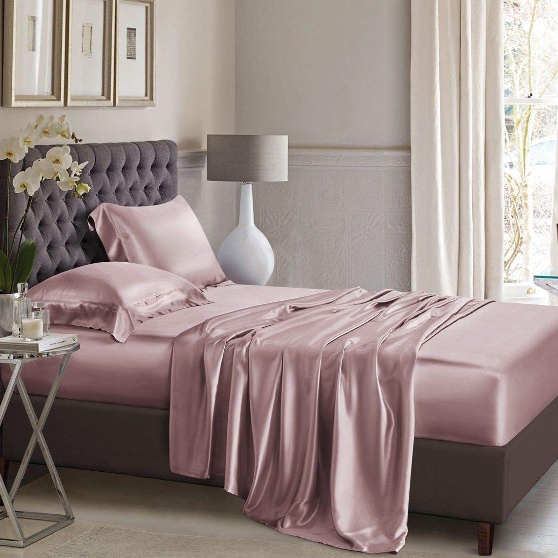 Price:$106.99 Linen -100% Pure Silk Satin Sheet Set 7pcs, Silk Fitted Sheet 19' Deep Pocket,Silk Flat Sheet,Silk Duvet Cover & Pillowcases Set !!! Size Queen,Dusty Rose : Home & Kitchen