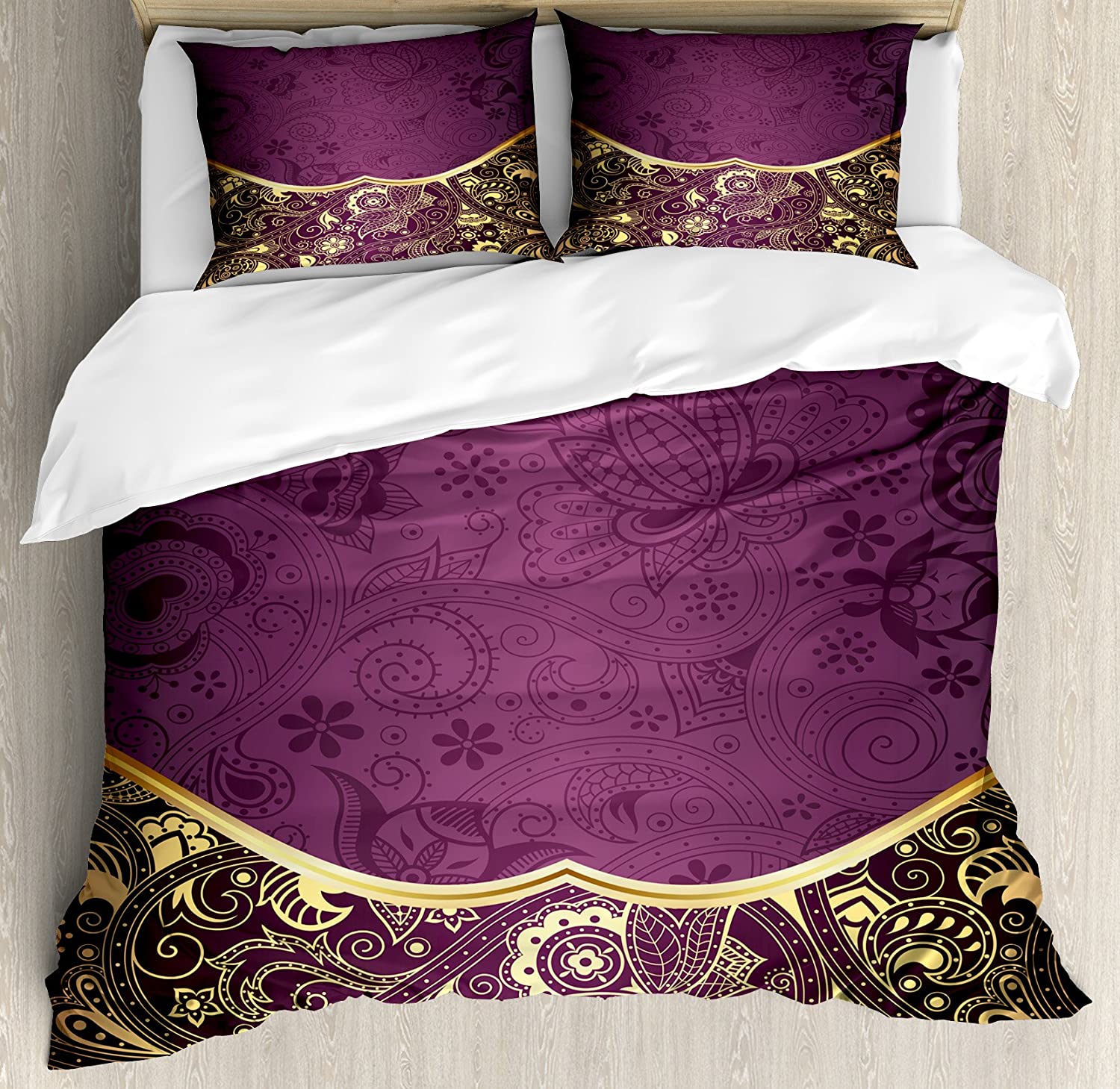 Price:$39.96 Eastern Duvet Cover Set, Oriental and Abstract Swirly Floral Frame Vintage Style, Decorative 3 Piece Bedding Set with 2 Pillow Shams, Queen Size, Fuchsia Pale Yellow Plum : Home & Kitchen