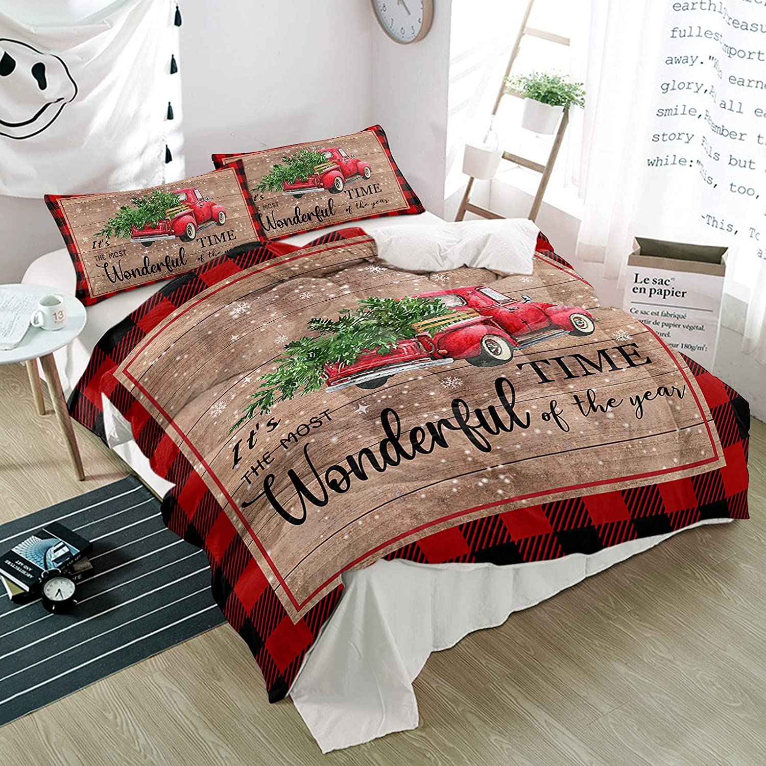 Price:$89.90 Pieces Bedding Set Christmas Red Farm Truck Green Tree,Ultra Soft Quilt Covers and Pillow Shams for Bedroom Black Buffalo Grid Retro Plank,Duvet Cover Sets All Seasons Use Home Decor : Home & Kitchen