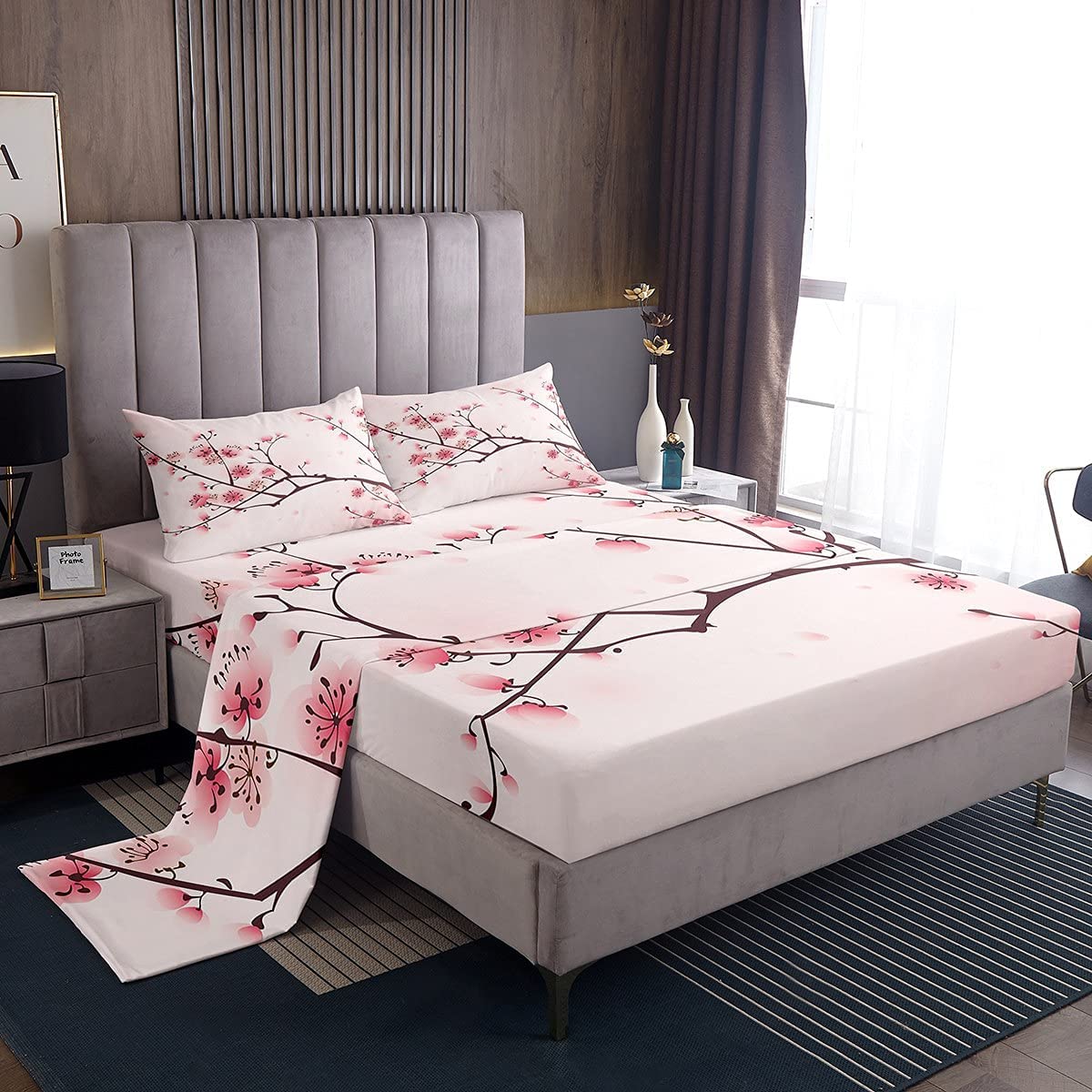 Price:$49.99 Blossoms Bed Sheets Girl Pink Floral Sheet Set Queen 4 Pcs Japanese Spring Bed Sheets Set + Blossom Petal Branch Floral Flat Sheet + Decor 2 Pillow Cases for Women,Girly Romantic Style : Home & Kitchen