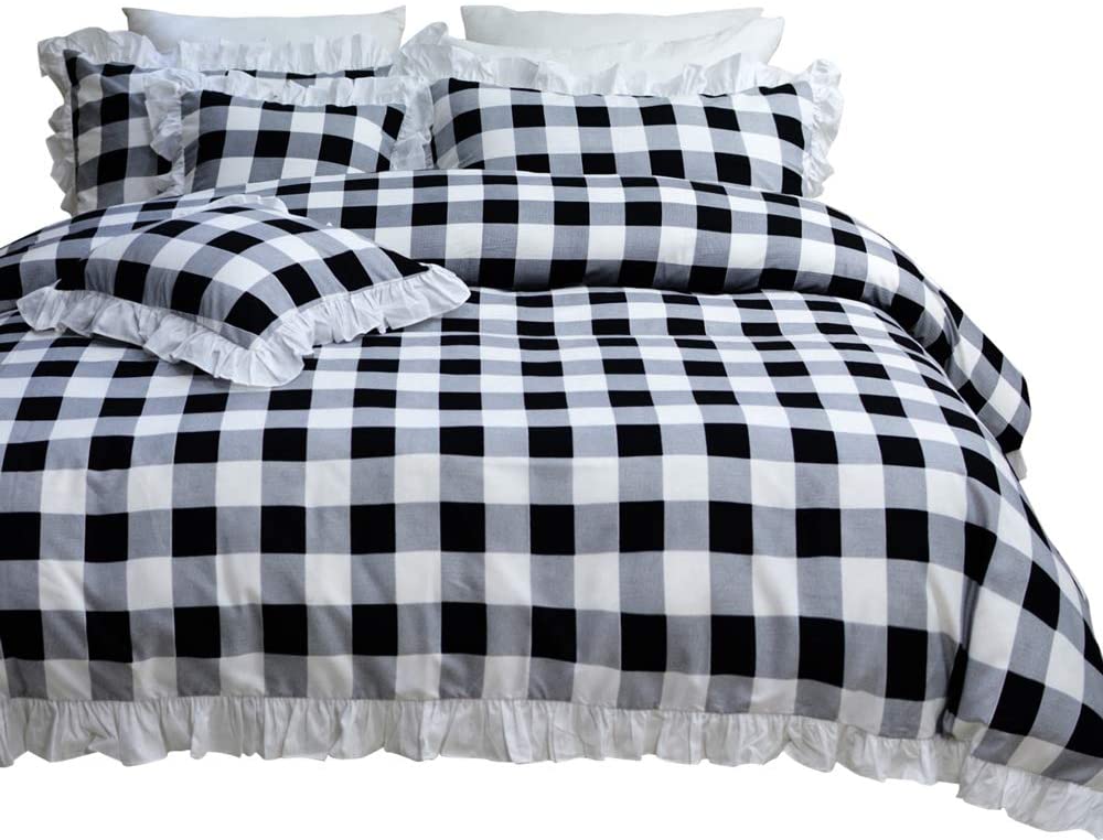 Price:$42.99 Buffalo Check Bedding Queen with White Ruffles (Queen,1 Duvet Cover + 2 Pillow Cover) : Home & Kitchen