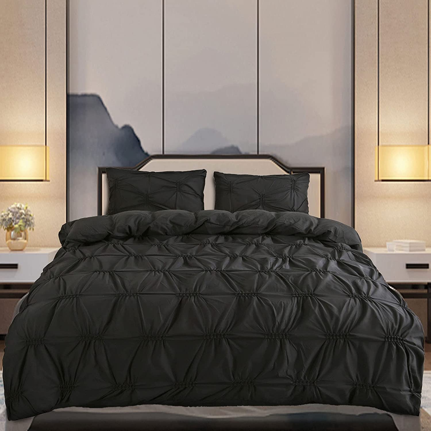 Price:$45.99 Duvet Cover Set 3-Pieces White Pinch Pleated Duvet Cover King Size Microfiber Bedding Comforter Cover Bed Cover Filling Duvet Insert Set with Zipper & Corner Ties (Black, 91x102 INCH) : Home & Kitchen