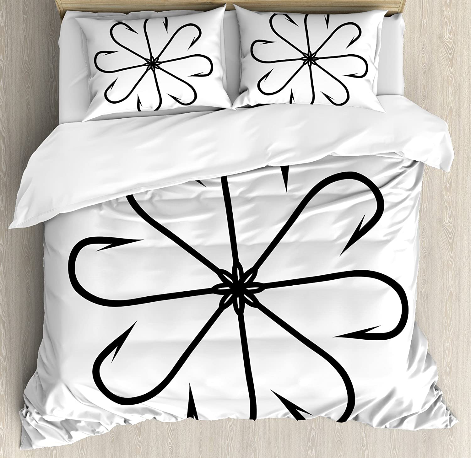 Price:$19.98 Fishing Duvet Cover Set, Flower Shaped Artisan Steel Multi Hook Gaff in Row New Needle Device Monochrome Print, Decorative 3 Piece Bedding Set with 2 Pillow Shams, Queen Size, Black White : Home & Kitchen