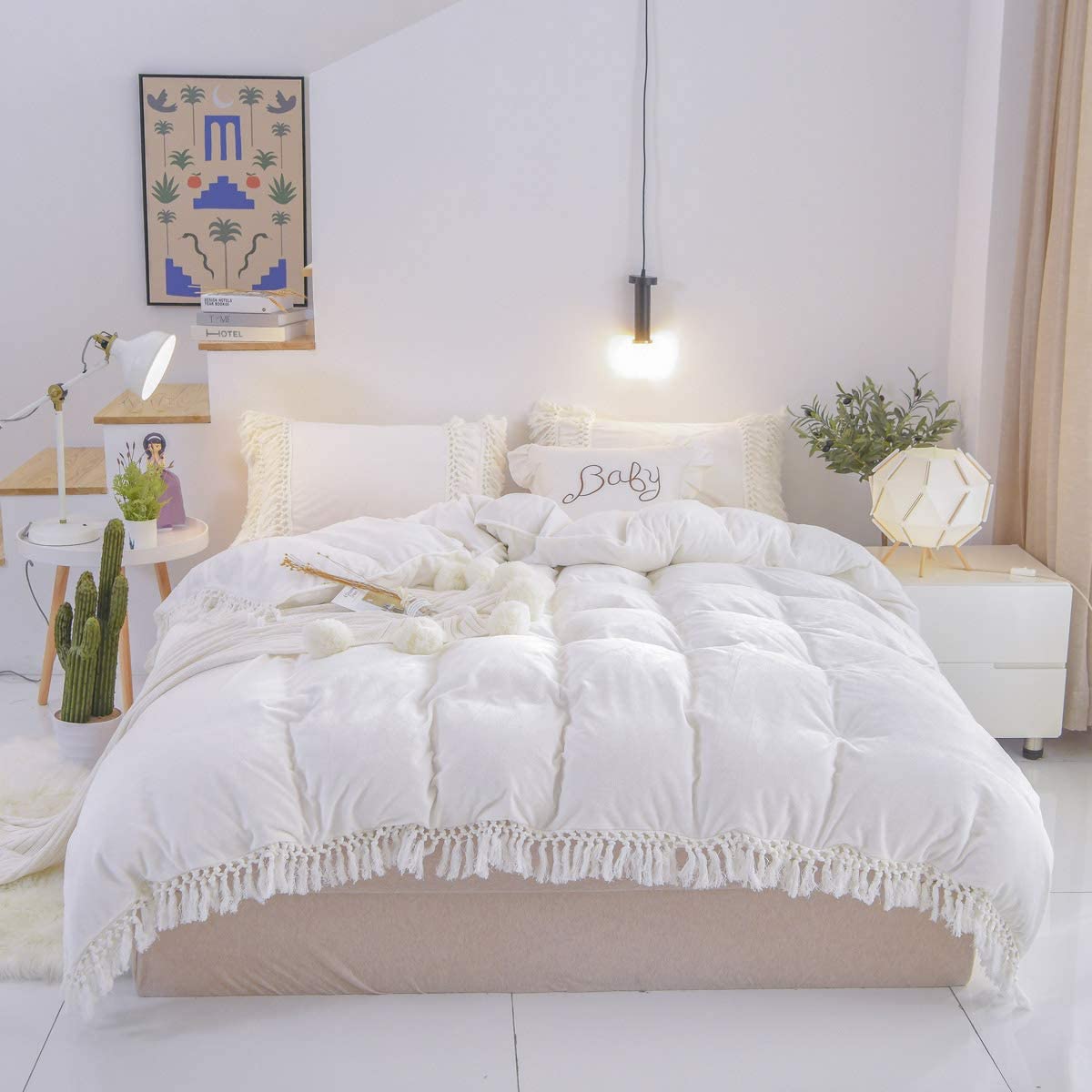 Price:$85.00 White Duvet Cover Queen White 3 Pcs Boho Bedding Ruffle Tassel Farmhouse Duvet Covers Fringed Velvet Flannel Bedding with Zipper Ties for Winter : Home & Kitchen
