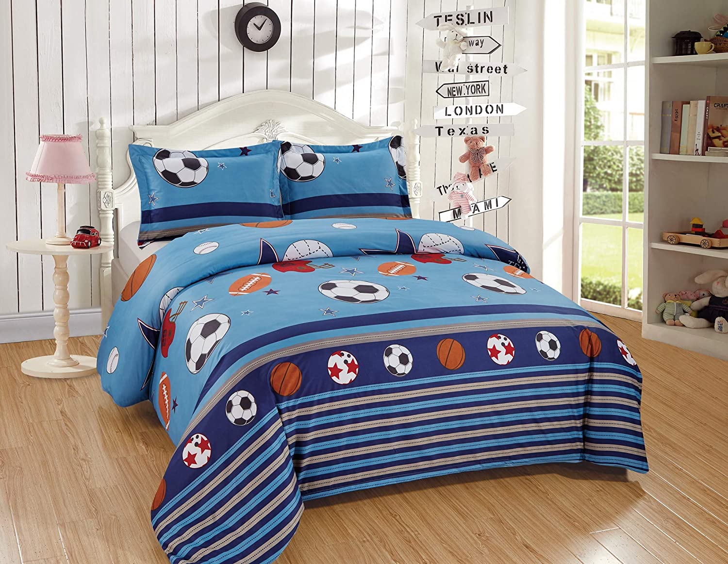 Price:$22.99 Collection 3-Piece Kids/Teens Sports Duvet Cover Set - Soft Microfiber Navy Blue Black Orange Red White Basketball Football Soccer, Full/Queen Size : Home & Kitchen