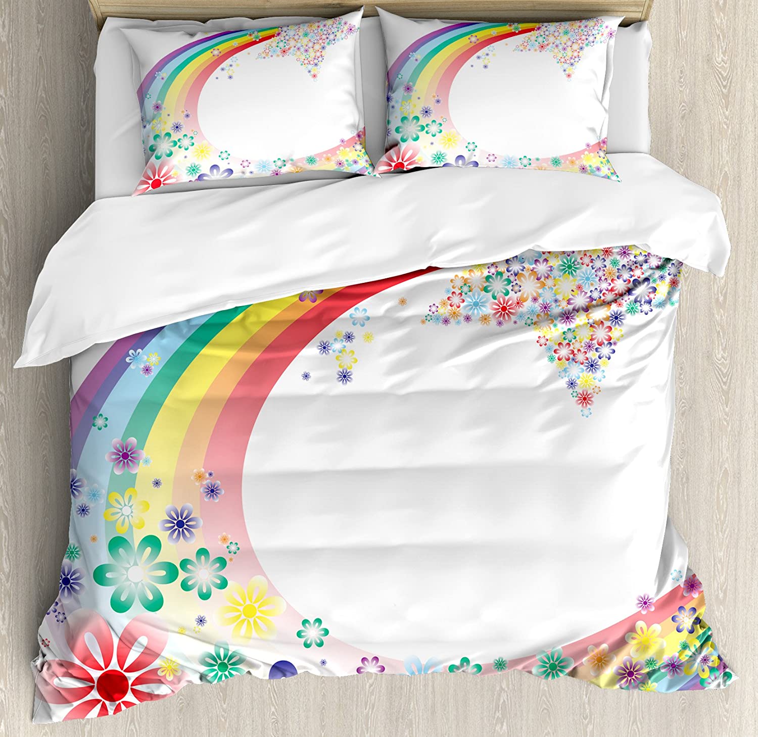 Price:$19.98 Abstract Duvet Cover Set, Abstract Nature of The Spring Floral Rainbow Stars and Flowers with a Cheerful Tone, Decorative 3 Piece Bedding Set with 2 Pillow Shams, King Size, Rainbow Colors : Home & Kitchen
