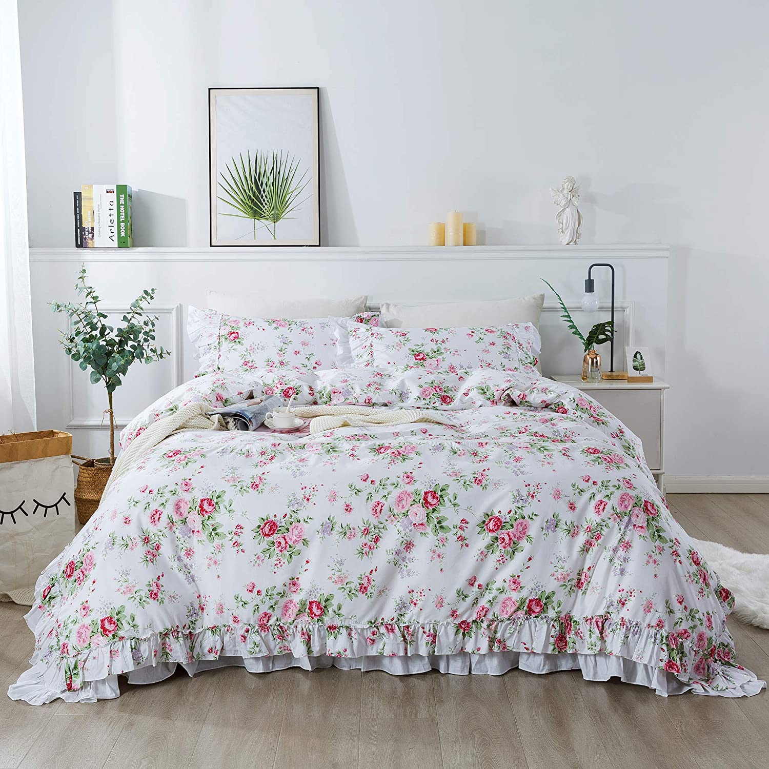 Price:$85.00 Cotton Duvet Cover Set 3-Pieces Farmhouse Bedding Set Shabby Pink Rose Floral Print 100% Cotton Elegant Ruffles Style Cal.King Size : Home & Kitchen