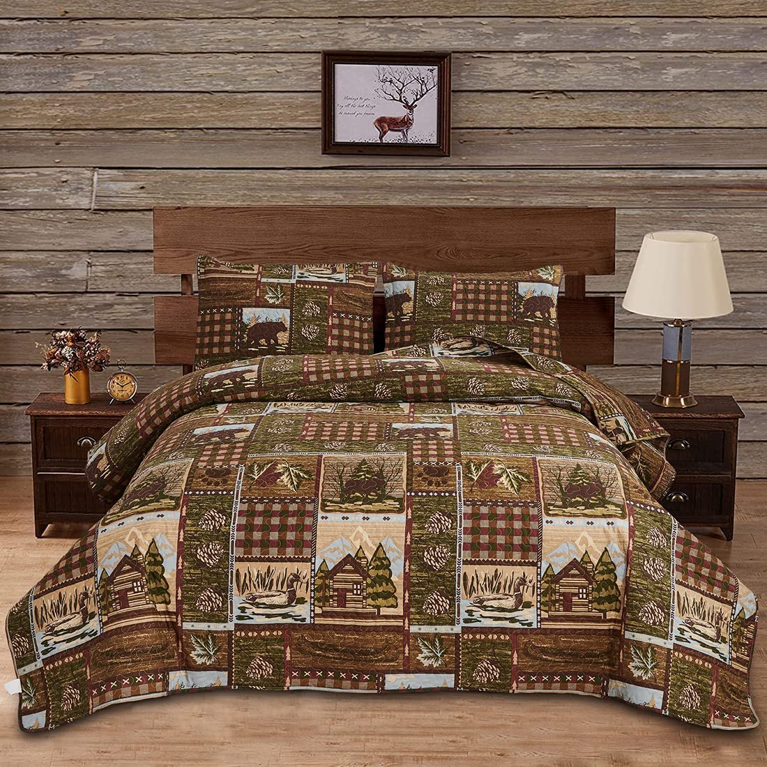 Price:$45.99 Cabin Bedding Quilt Queen/Full Size Lodge Patchwork Quilt Set Rustic Bedspread Forest Huts Bear Duck Pine Cone Coverlet Summer Lightweight Plaid Bed Cover Pillow Shams : Home & Kitchen